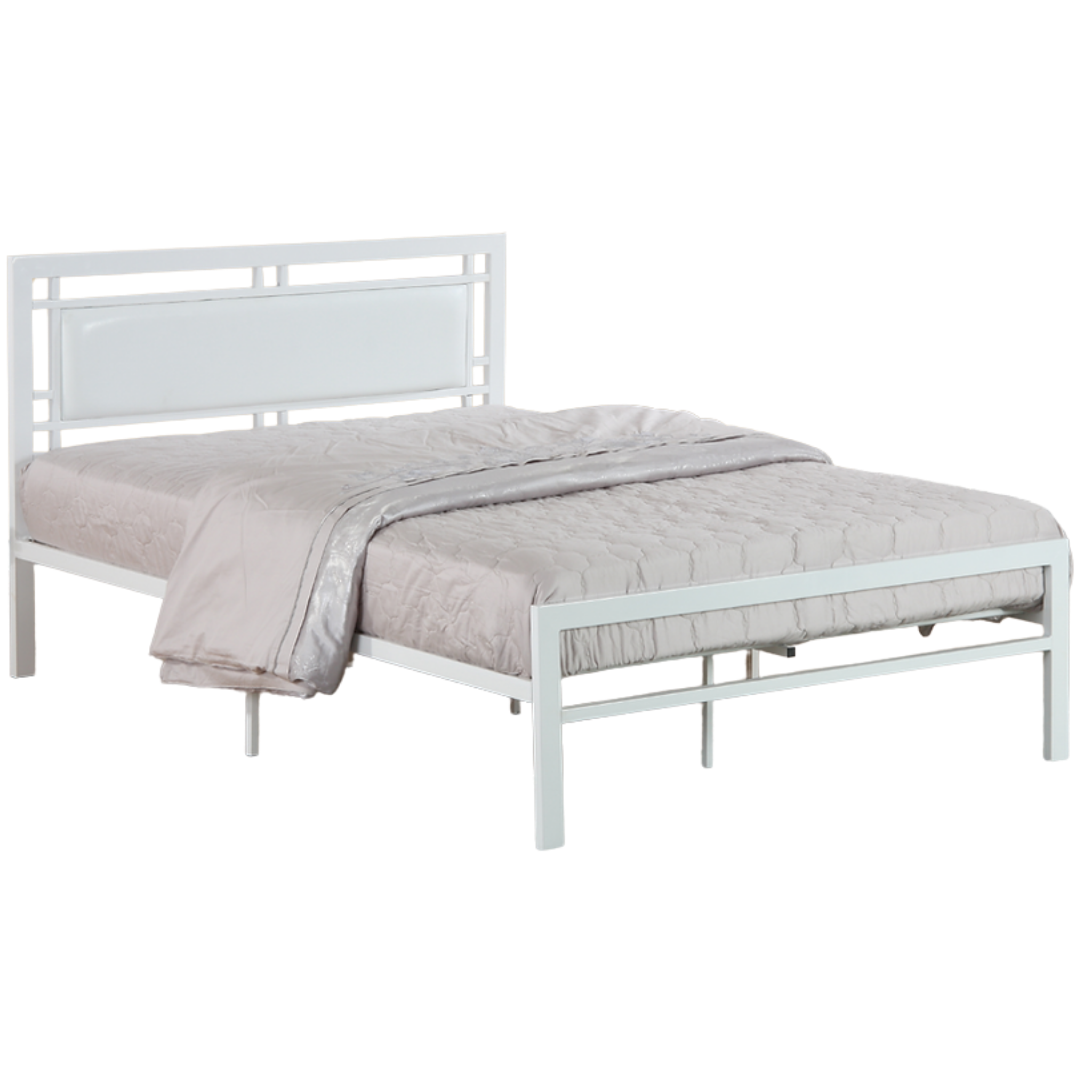 Queen Bed - White Metal Bed With White PU Headboard 141