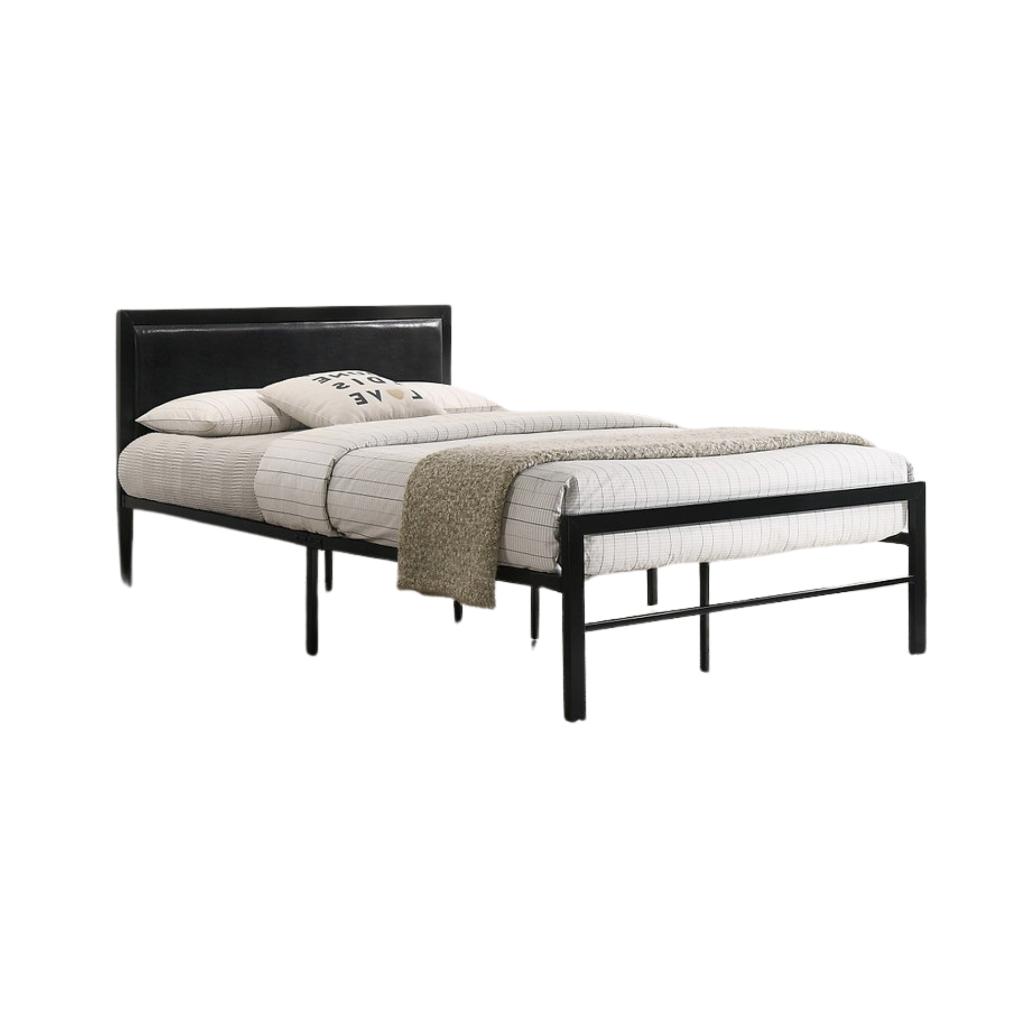 Twin Bed - Black Metal Bed With Black PU Headboard 142B