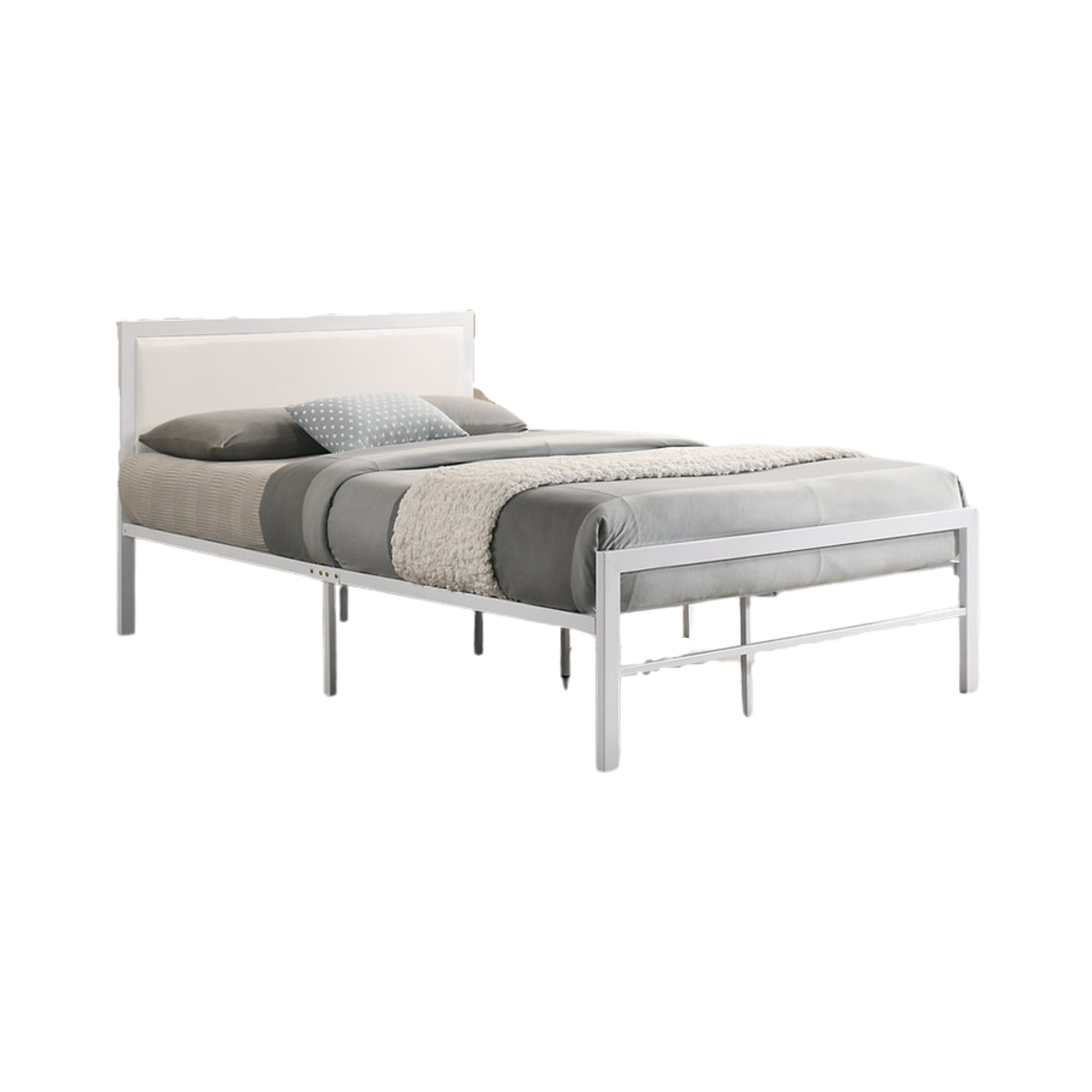 Twin Bed - White Metal Bed With White PU Headboard 142W