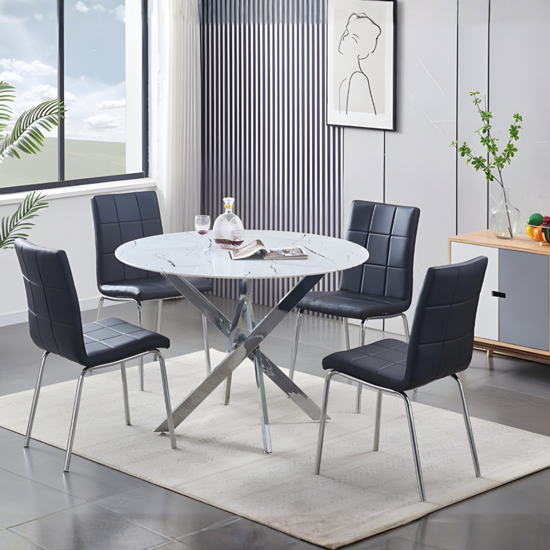 Beaumont – Dining Set – Marble Glass Top / Black PU Chairs