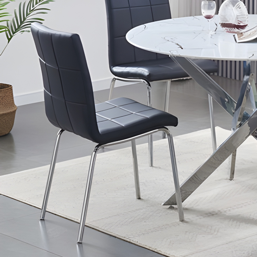 Beaumont – Ensemble de salle à manger – Plateau en verre effet marbre / Chaises en polyuréthane noir