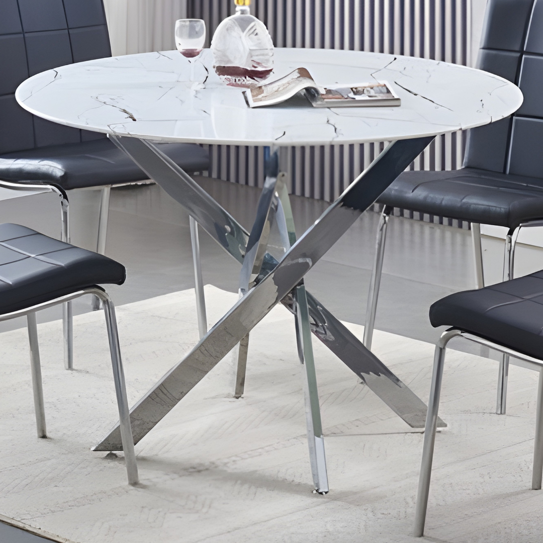 Beaumont – Ensemble de salle à manger – Plateau en verre effet marbre / Chaises en polyuréthane noir