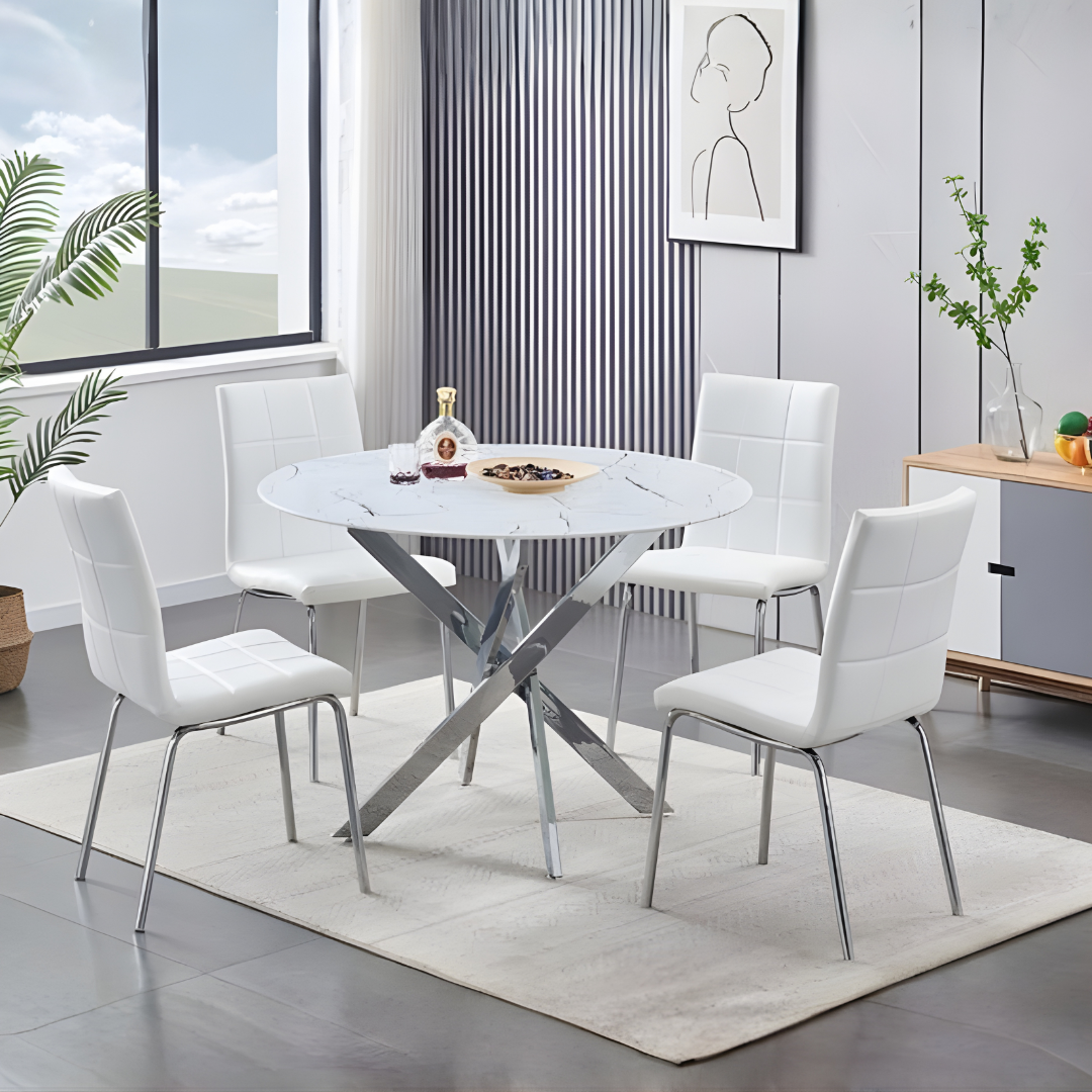 Beaumont – Dining Set – Marble Glass Top / White PU Chairs