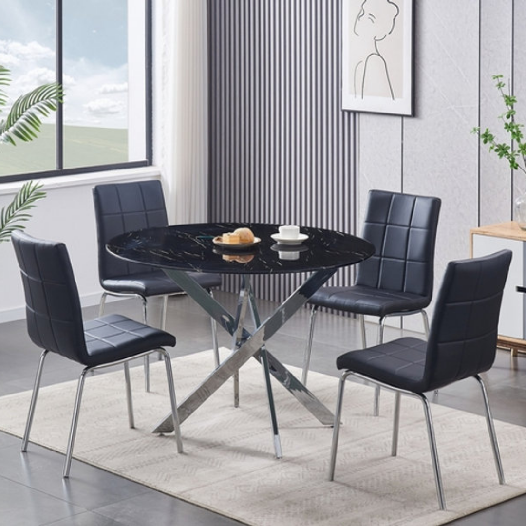 Beaumont – Dining Set – Black Marble Glass / Black PU