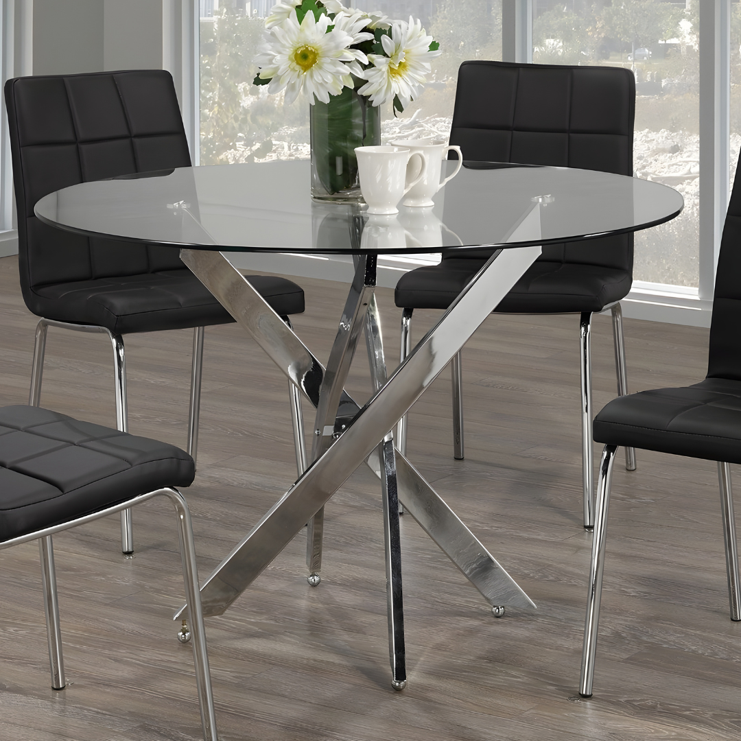 Laurent – Ensemble de salle à manger – Plateau en verre / Chaises en polyuréthane noir