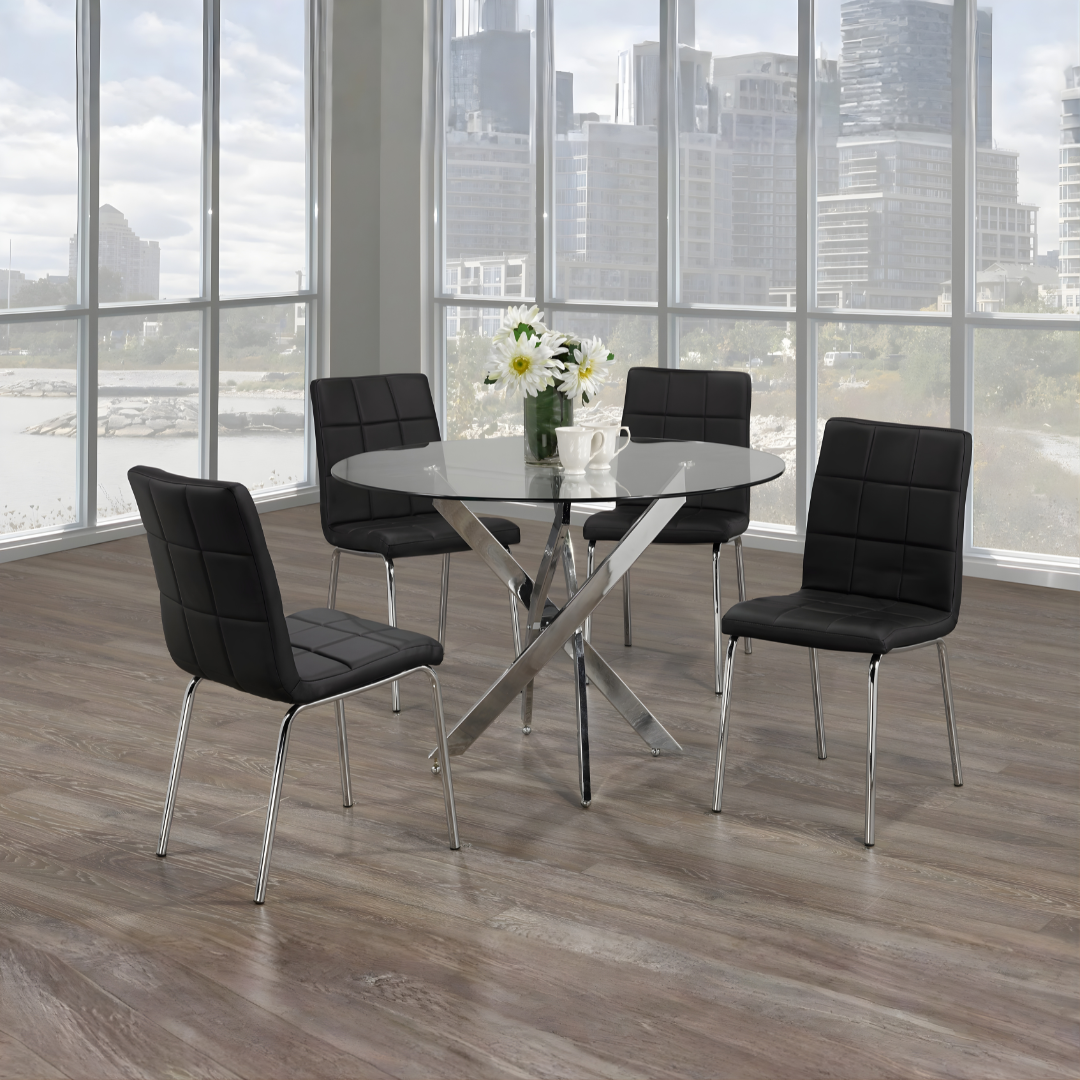 Laurent – Dining Set – Glass Top / Black PU Chairs
