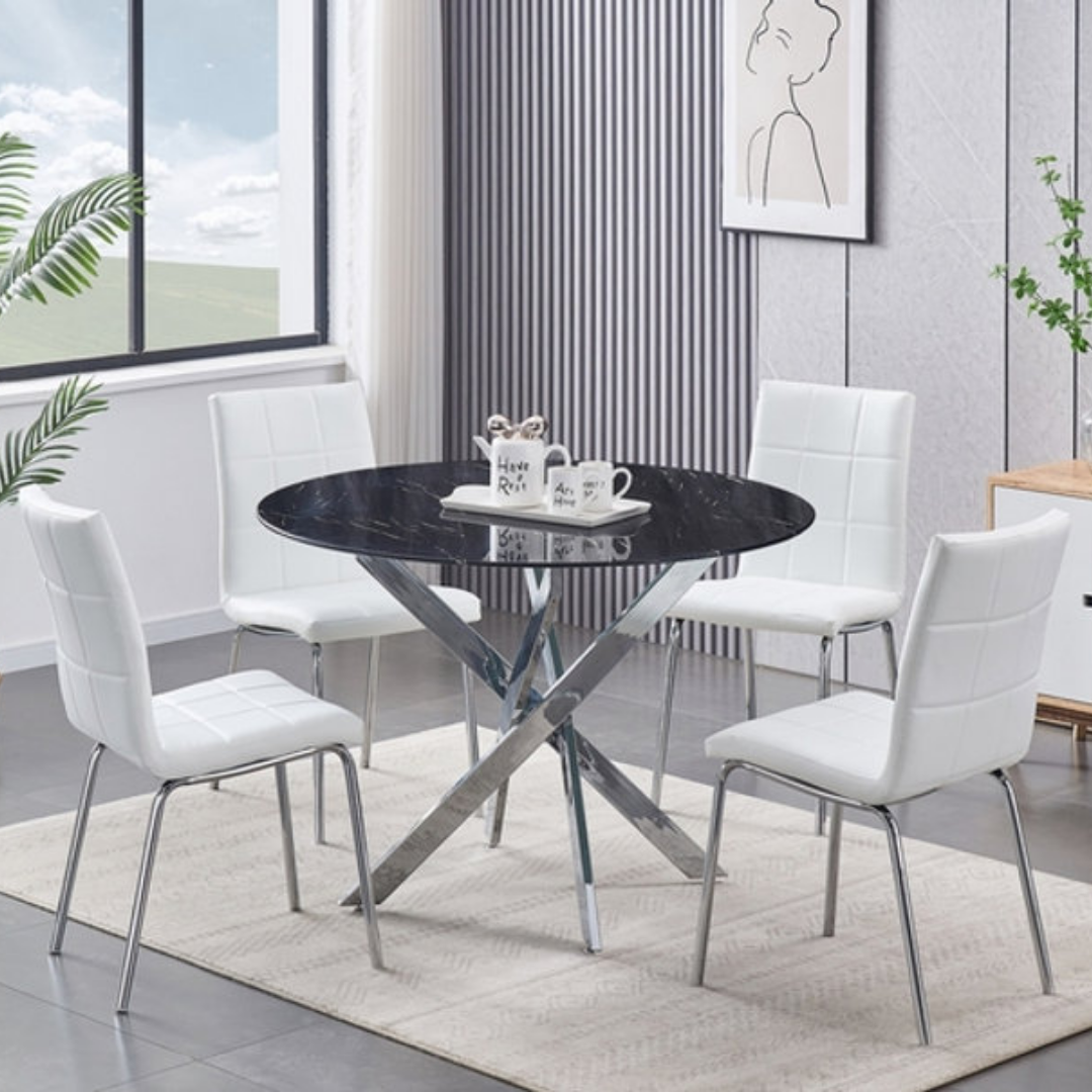 Beaumont – Dining Set – Black Marble Glass / White PU
