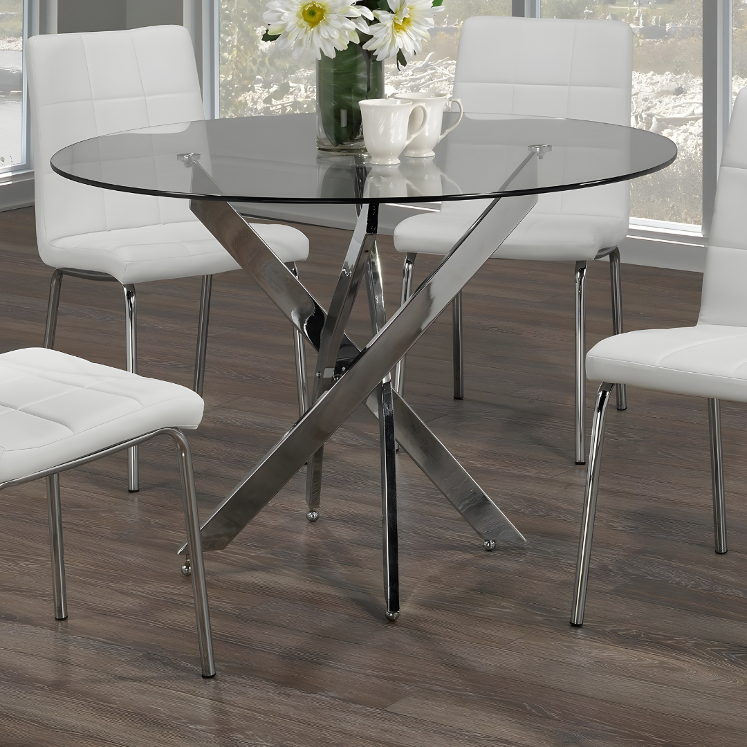 Laurent – Ensemble de salle à manger – Plateau en verre / Chaises en polyuréthane blanc