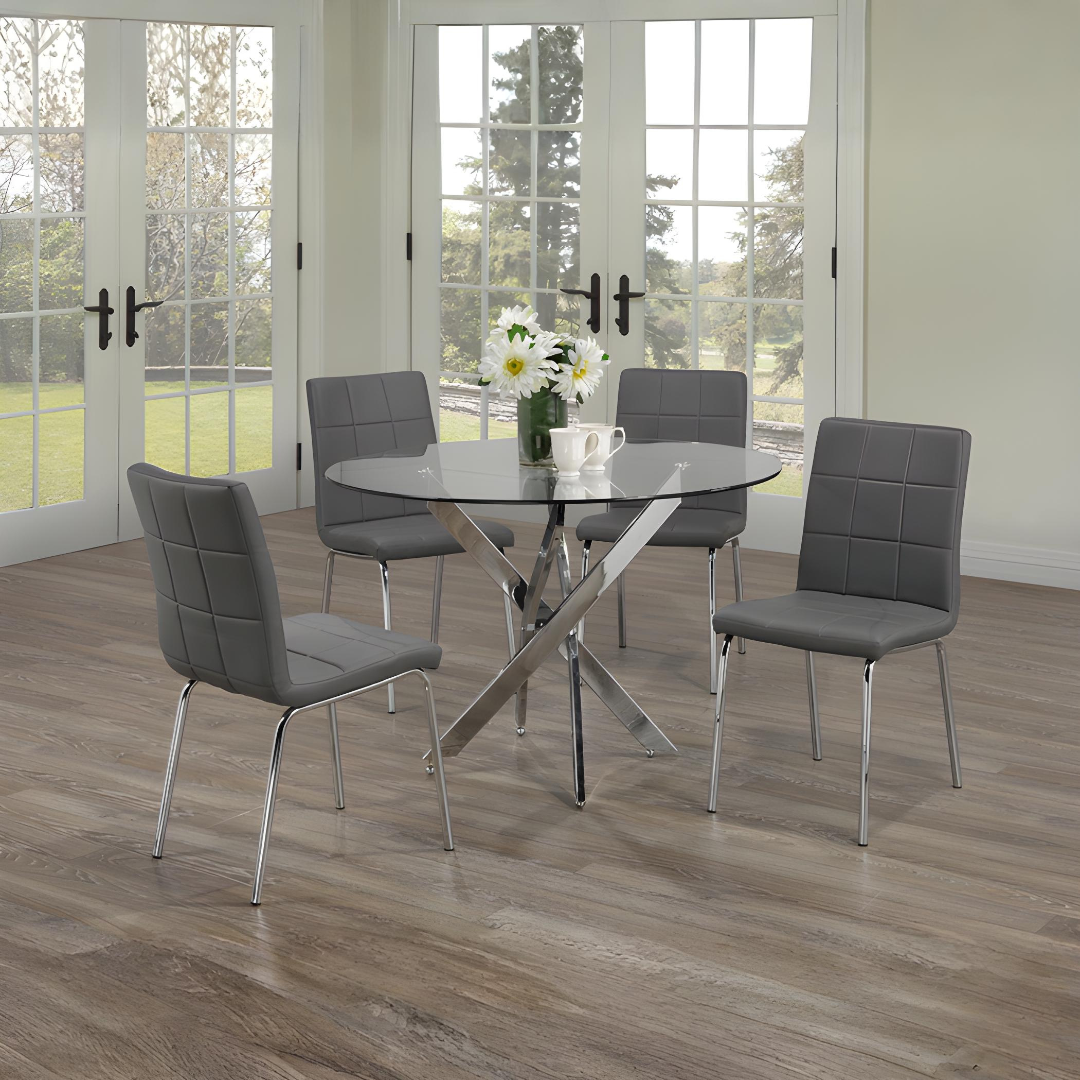 Laurent – Dining Set – Glass Top / Grey PU Chairs