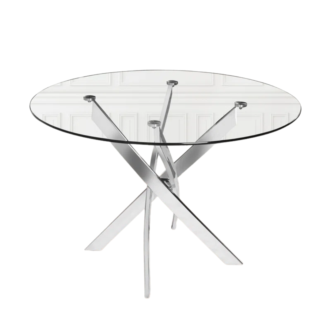 Table salle à manger ronde verre trempé transparent 44 po base chrome Karsen – Bonito Montréal