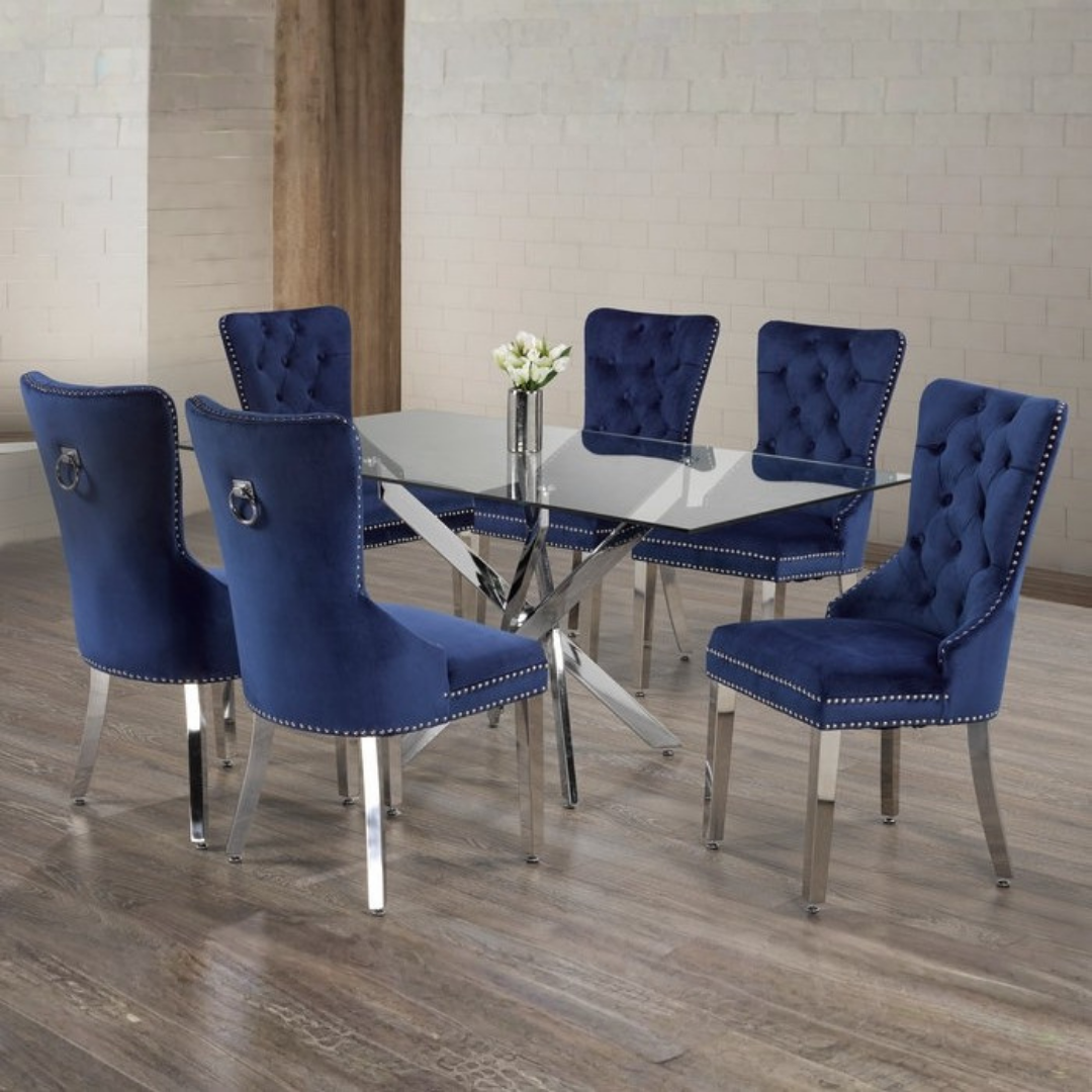 Windsor – Ensemble de salle à manger – Verre transparent / Velours bleu