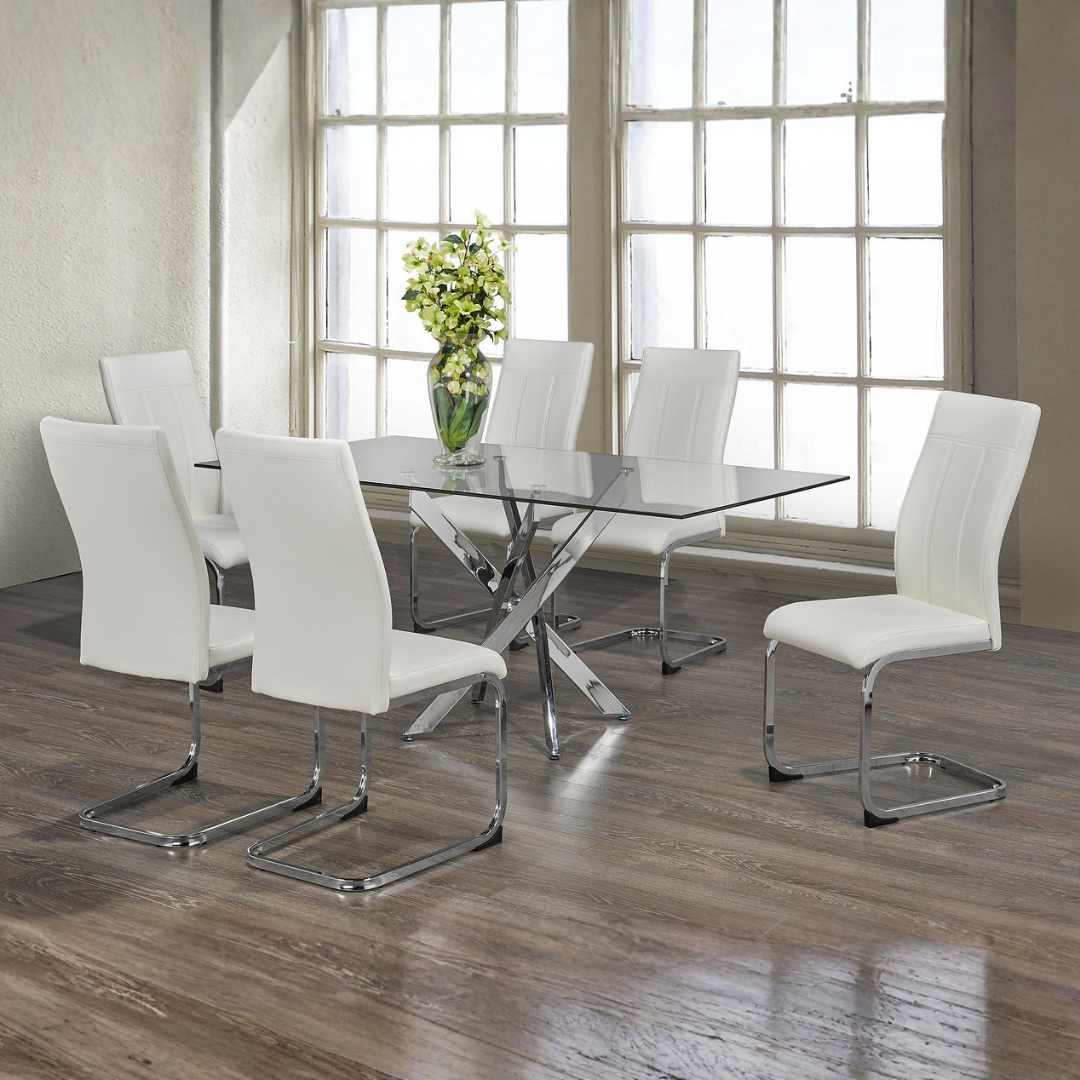 Skagen – Dining Set – Clear Glass / White PU