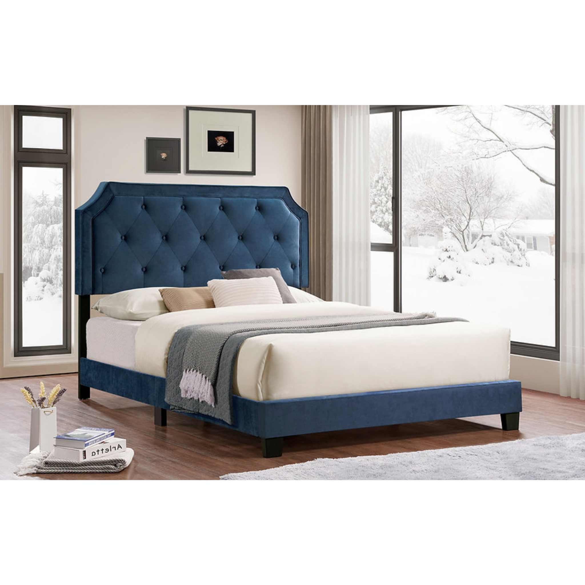 Lit double - Lit plateforme en velours bleu 5611