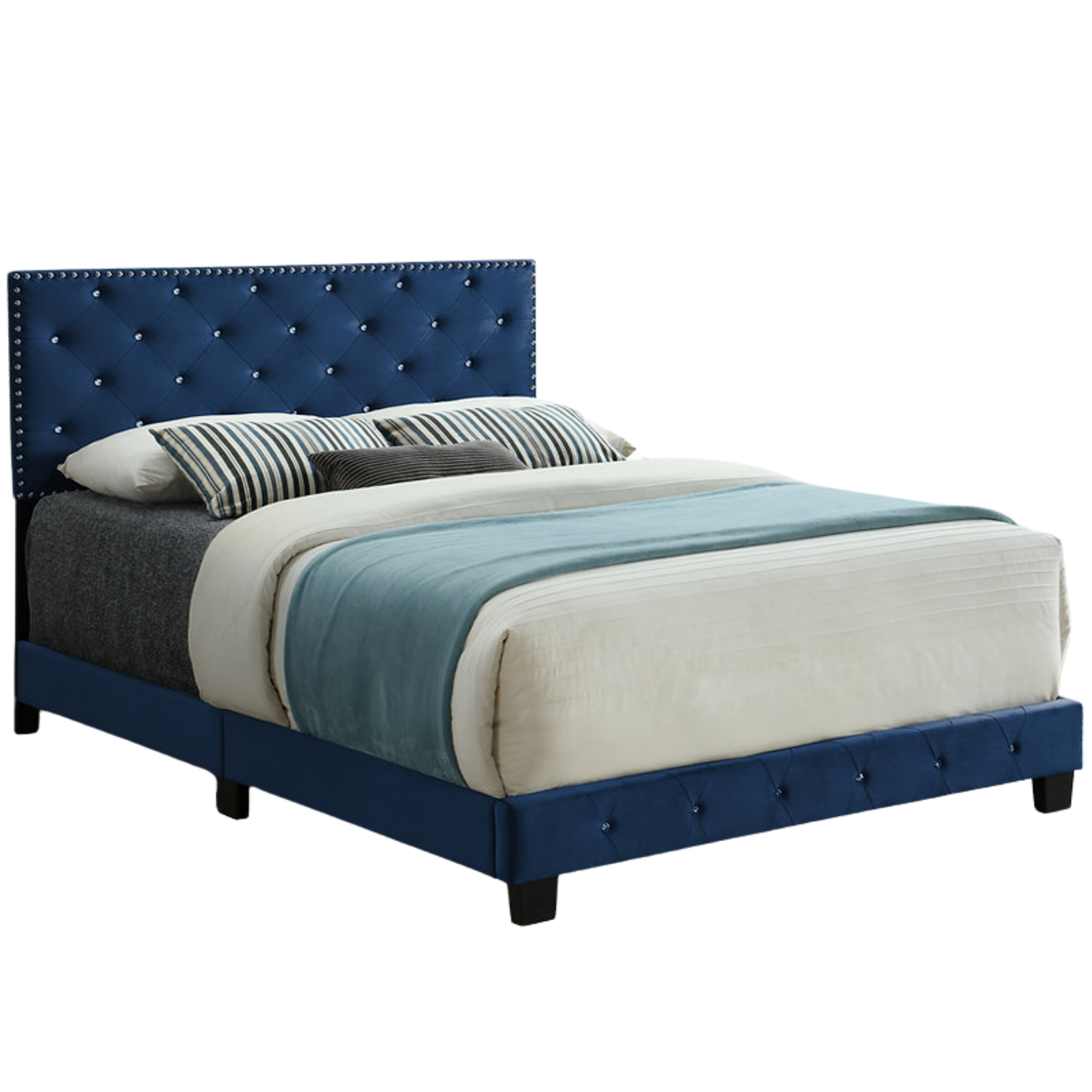 Lit double en velours bleu avec tête de clou - 5652