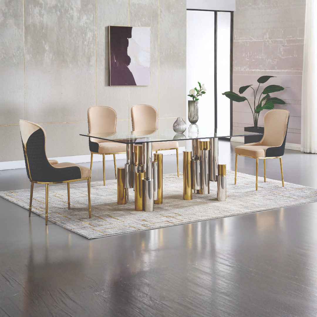 Table salle à manger rectangulaire Luminor 70 po verre transparent base or chrome – Bonito Montréal