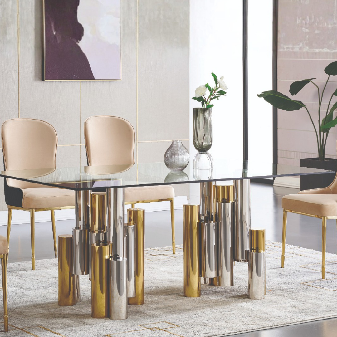 Luminor – Dining Table – Glass Top / Gold & Chrome Base