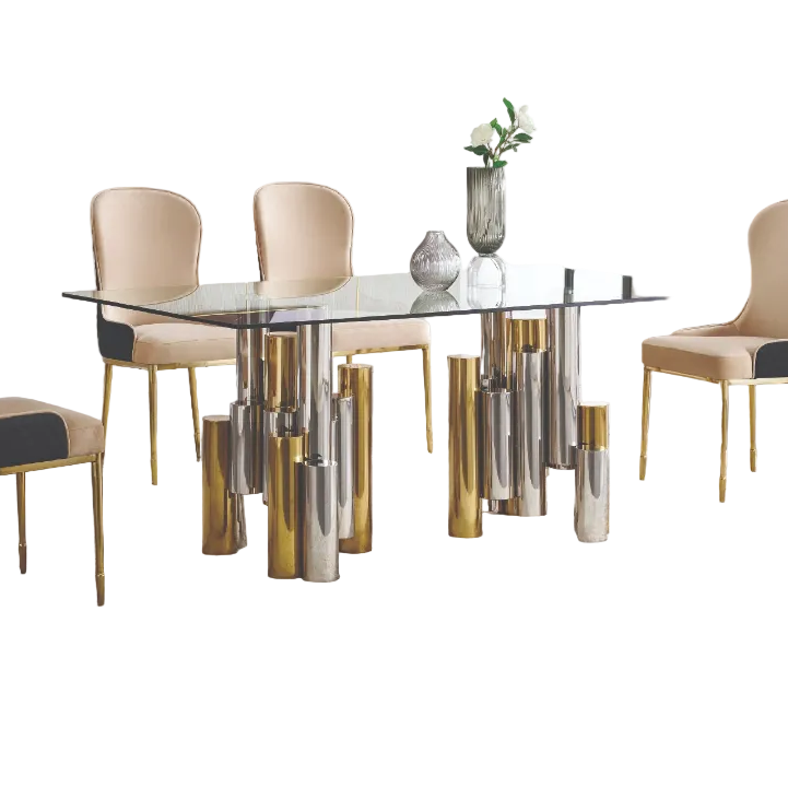 Table salle à manger rectangulaire Luminor 70 po verre transparent base or chrome – Bonito Montréal