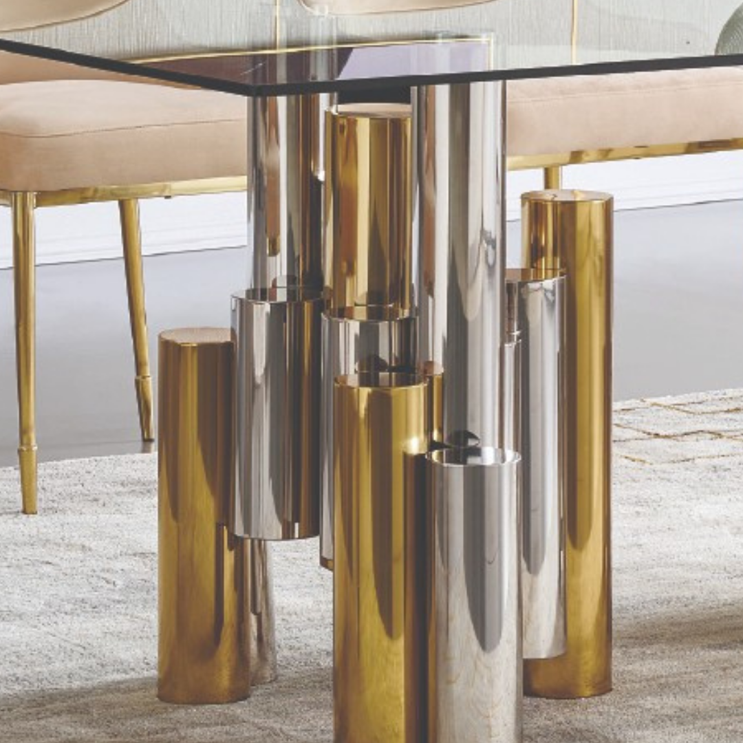Luminor – Table à manger – Plateau en verre / Piètement doré et chromé