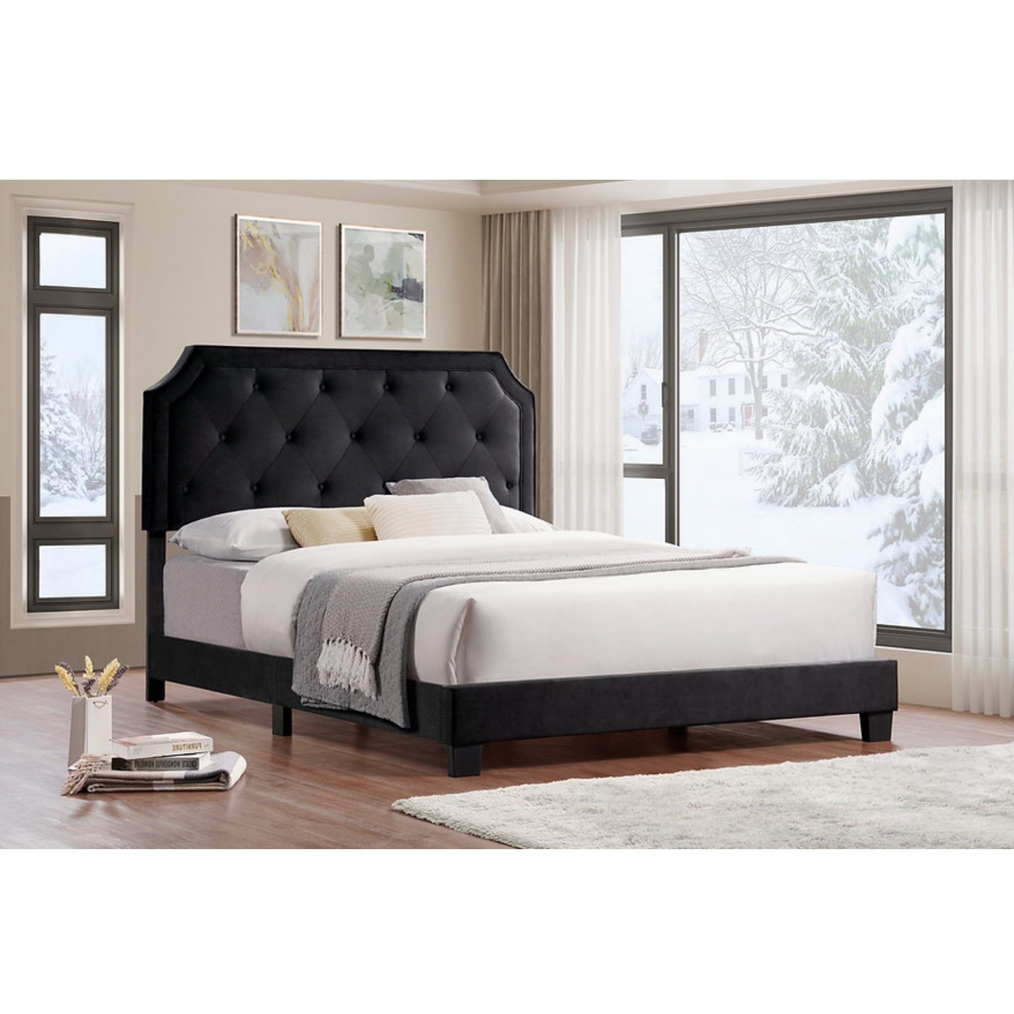 Lit double - Lit plateforme en velours noir 5613