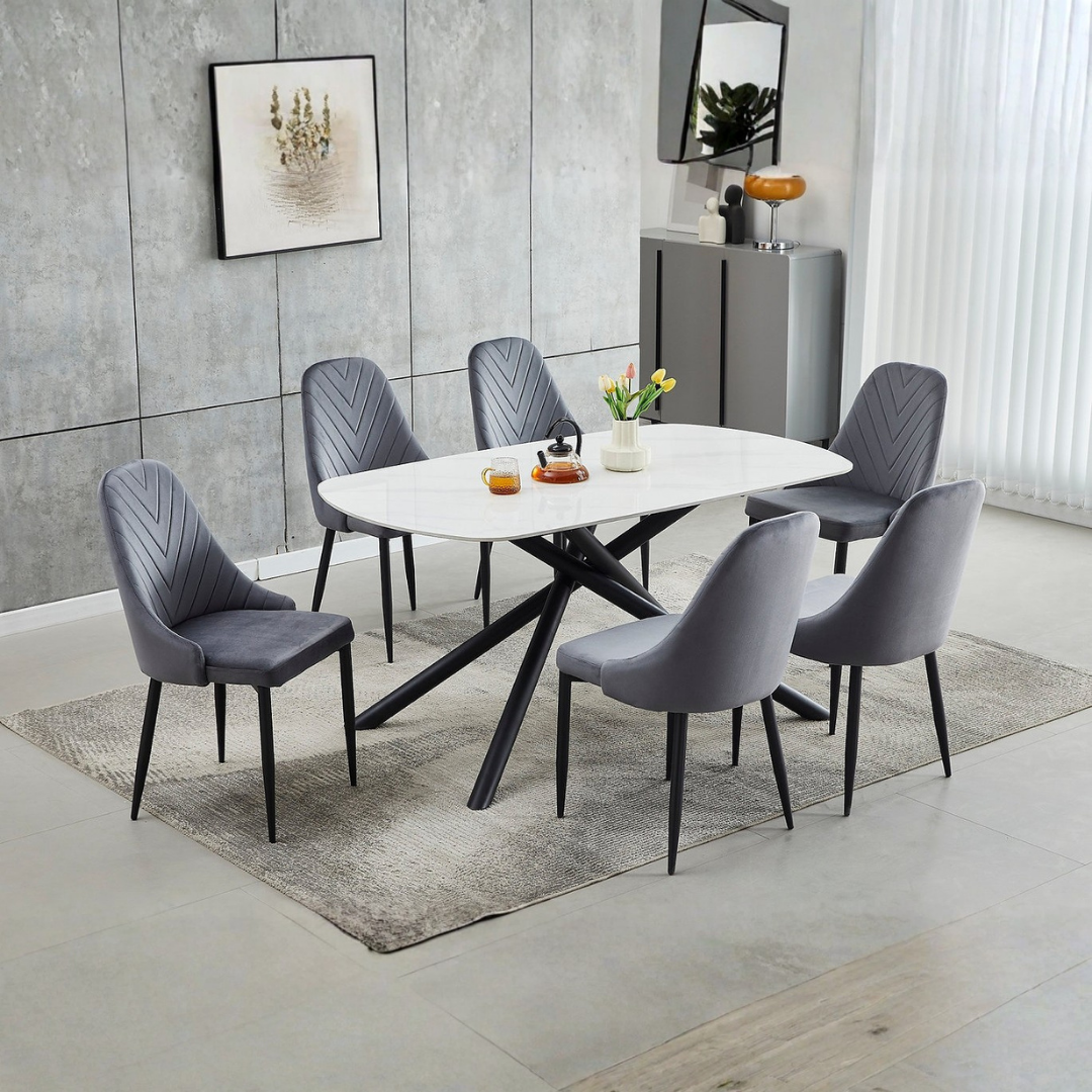 Vertex – Ensemble de salle à manger – Aspect marbre blanc / Velours gris foncé