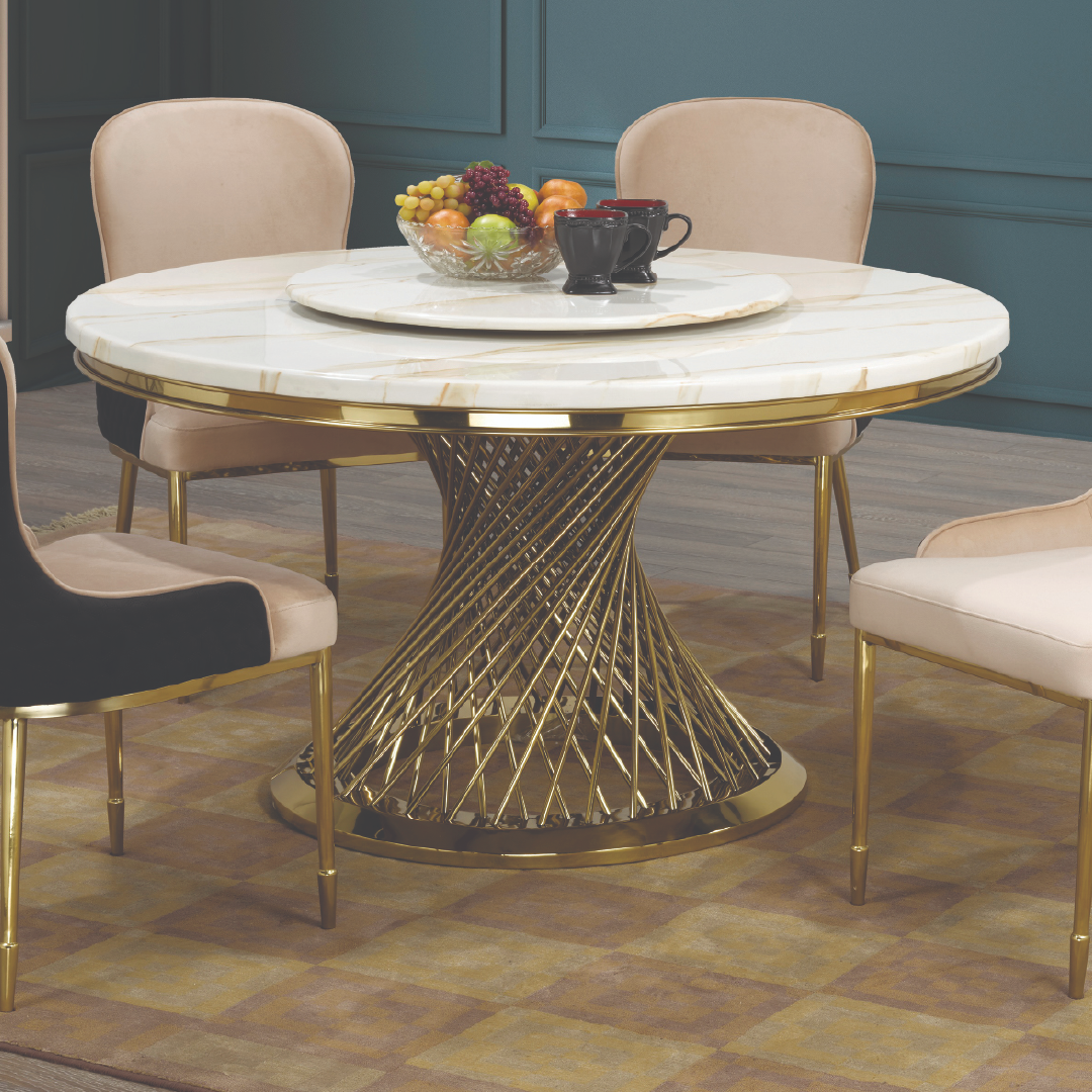Orlena – Dining Table – Marble / Gold Base with Lazy Susan