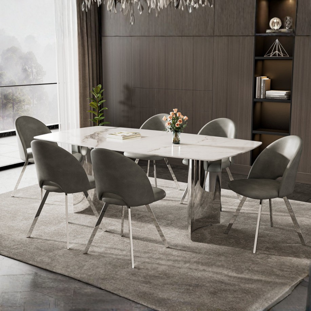 Parma – Dining Set – White Marble Look / Soft Grey PU