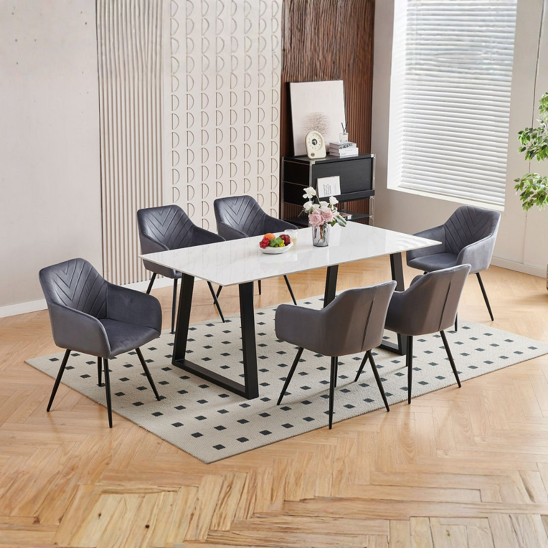 Torino – Ensemble de salle à manger – Aspect marbre blanc / Velours gris foncé