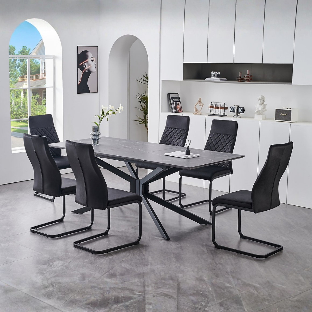 Axis – Ensemble de salle à manger – Placage en marbre gris / Velours noir