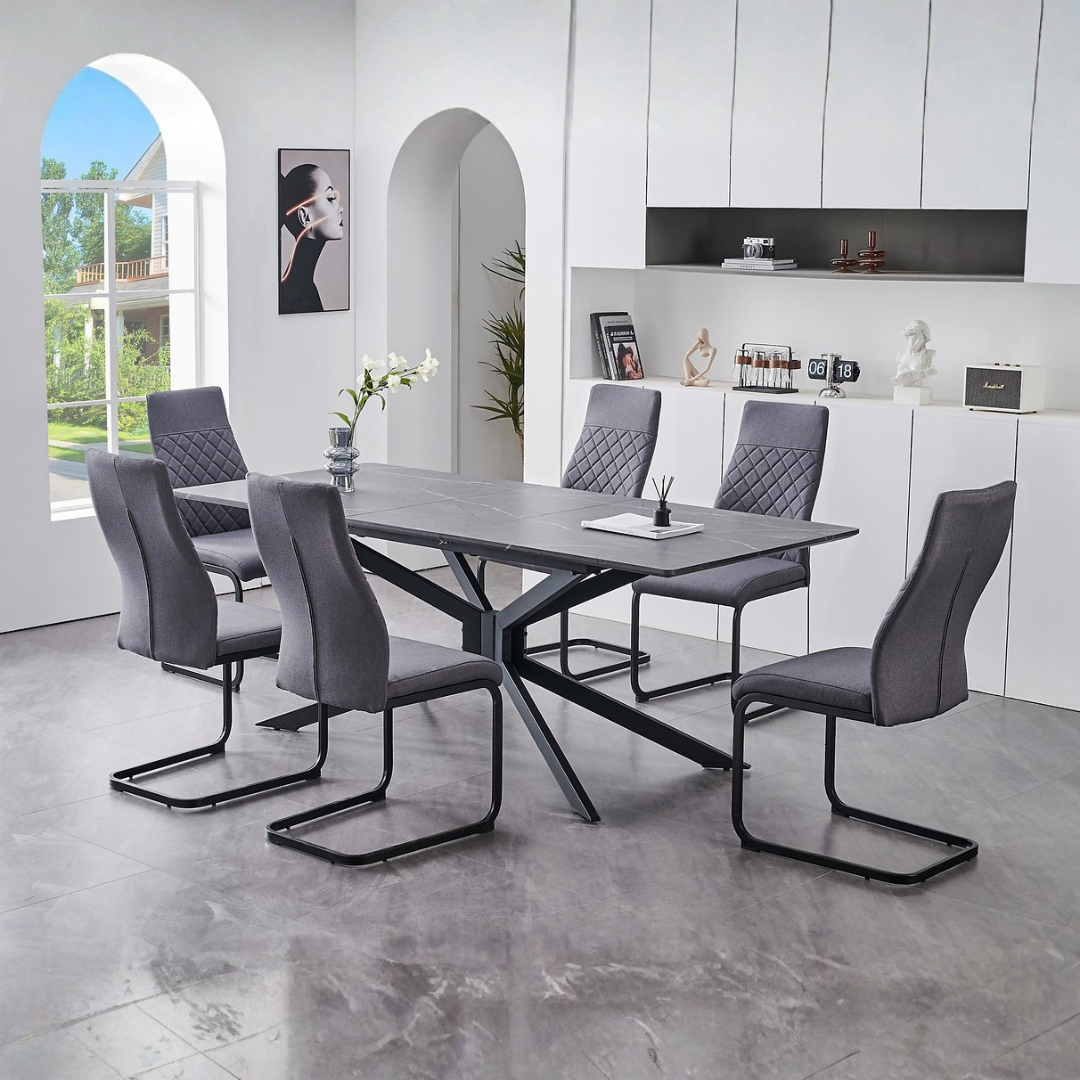 Axis – Ensemble de salle à manger – Placage marbre gris / Tissu gris