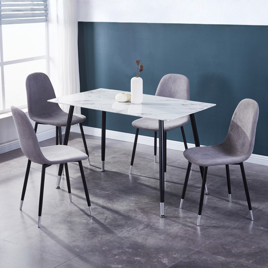 Imperial – Dining Set – White Marble Glass / Grey Fabric