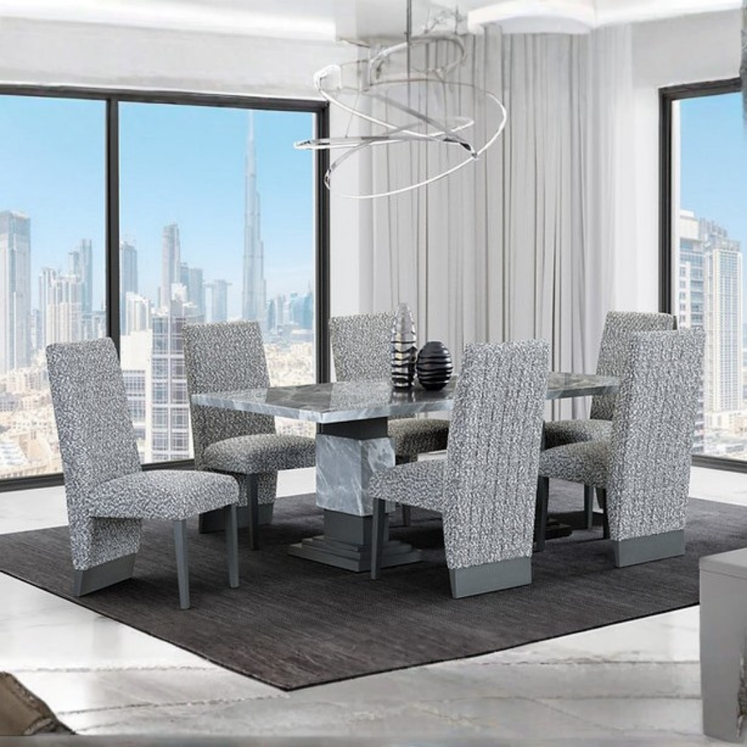 Forma – Ensemble de salle à manger – Aspect marbre gris / Tissu gris