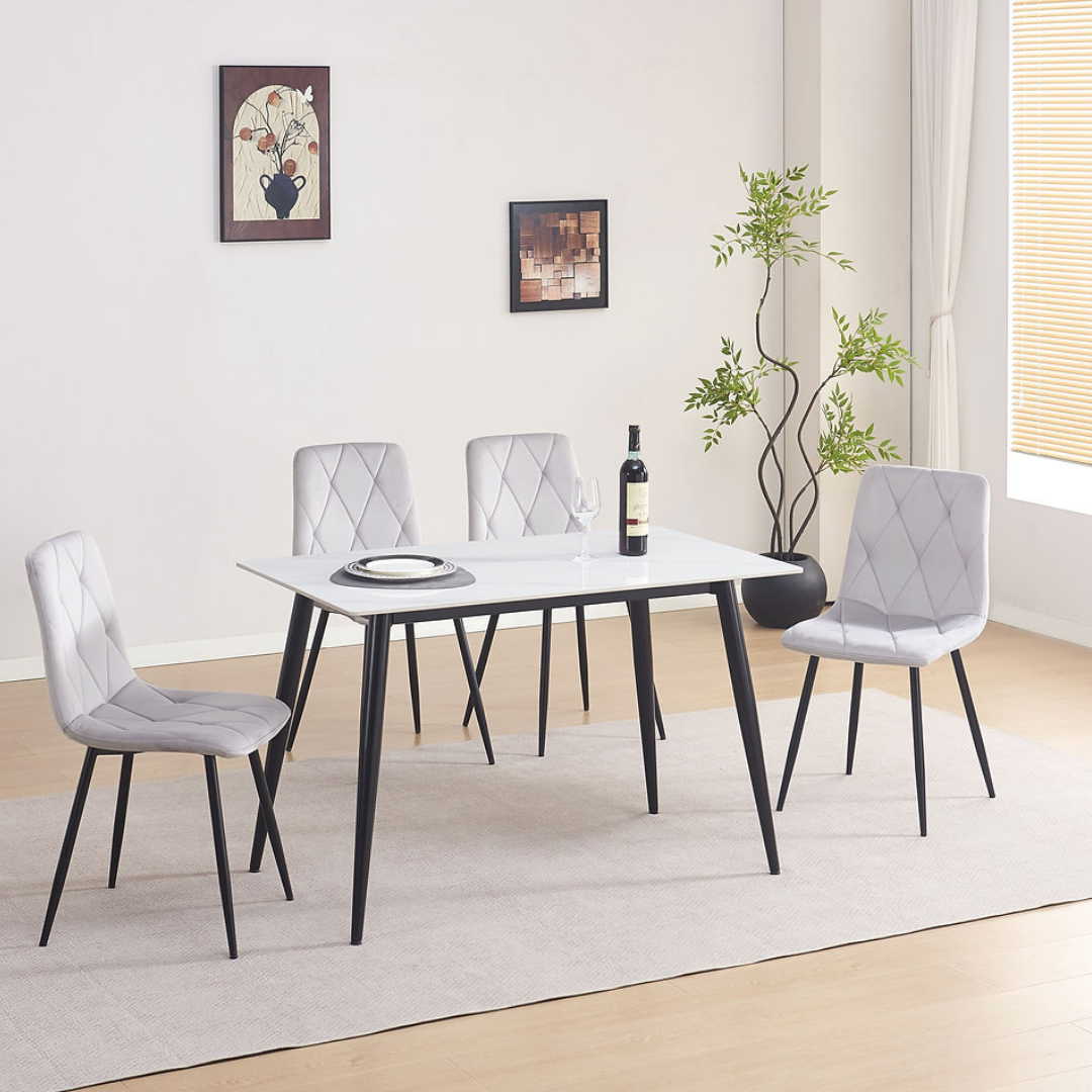Siena – Dining Set – White Marble Look / Light Grey Velvet
