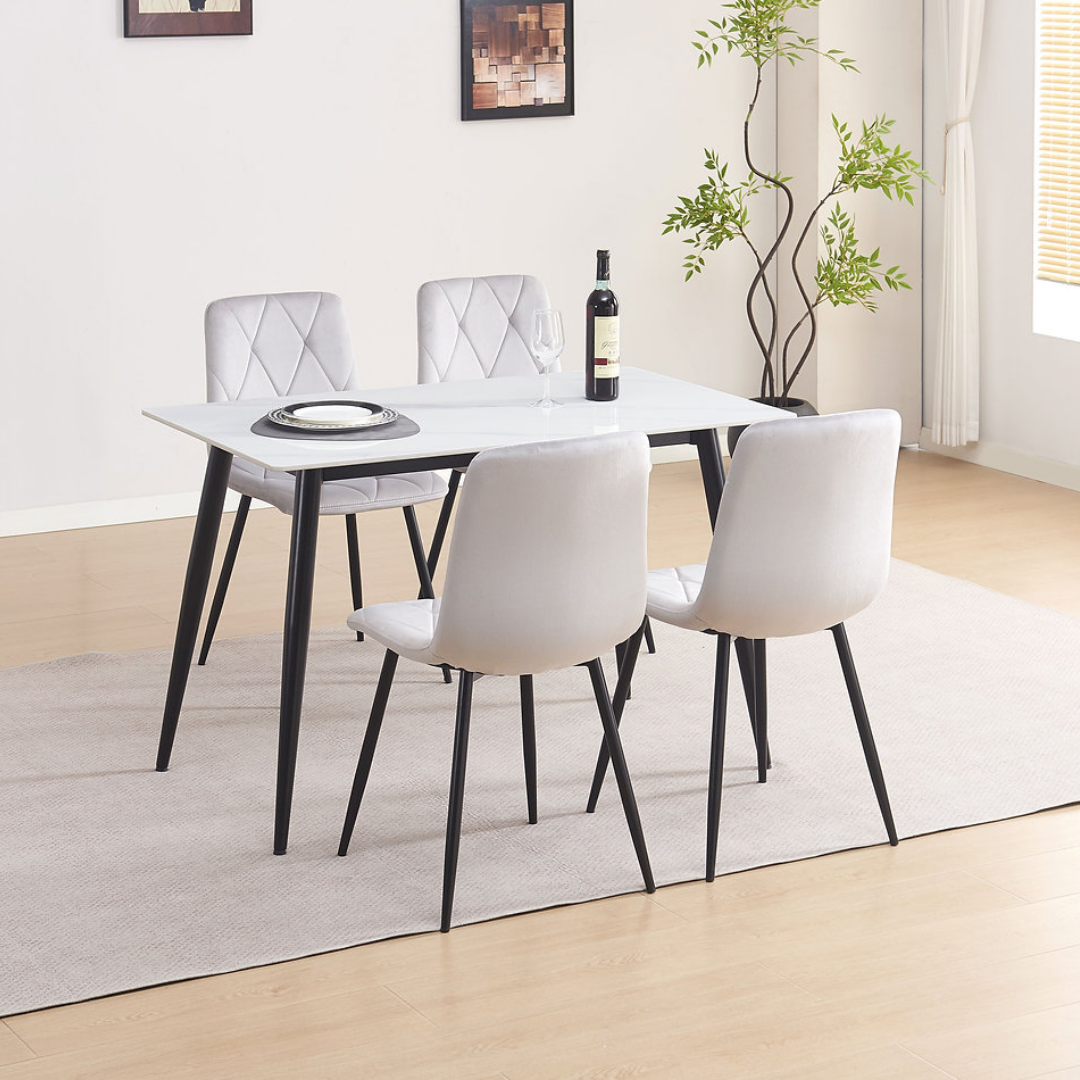 Siena – Dining Set – White Marble Look / Light Grey Velvet