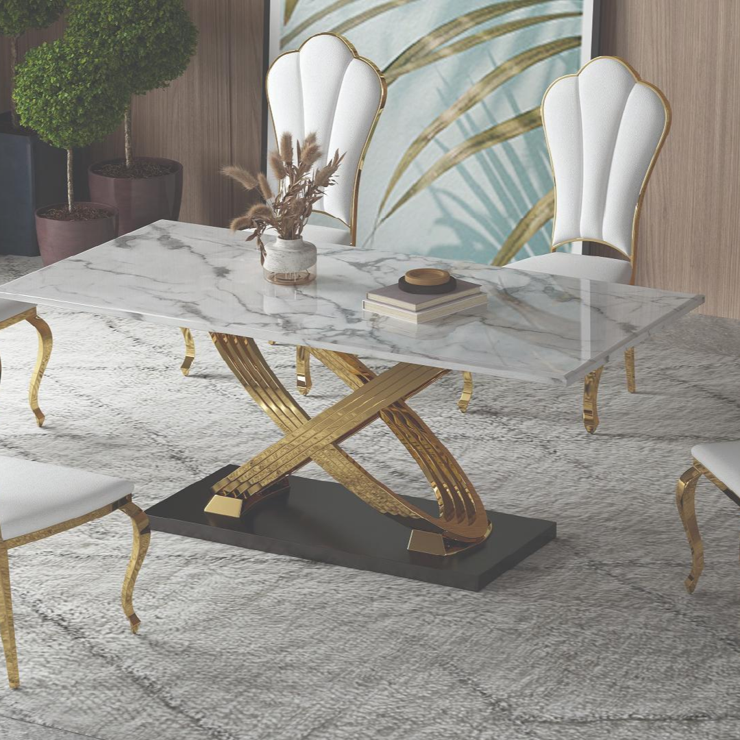 Zarion – Table à manger – Aspect marbre / Piètement en X doré