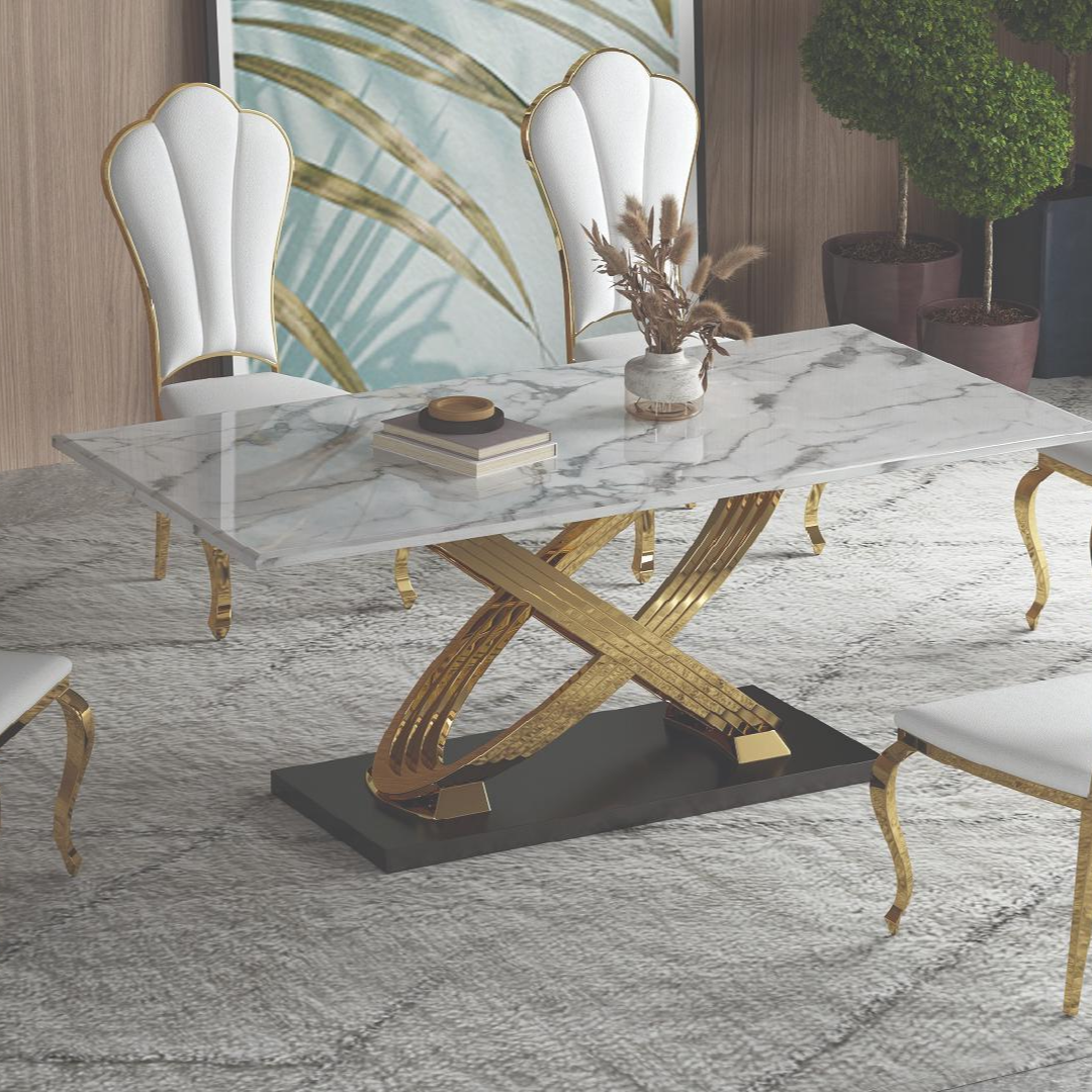 Zarion – Dining Table – Marble Look / Gold X-Base