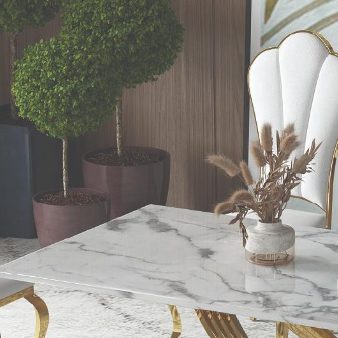 Zarion – Table à manger – Aspect marbre / Piètement en X doré