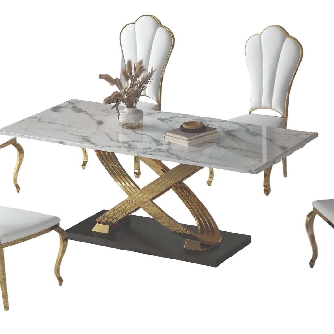 Zarion – Dining Table – Marble Look / Gold X-Base