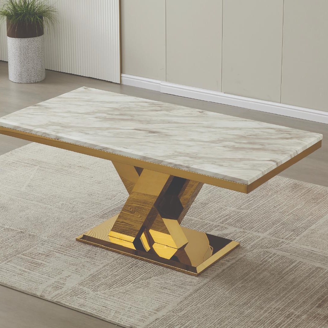 Leya – Table à manger – Effet marbre / Pied doré