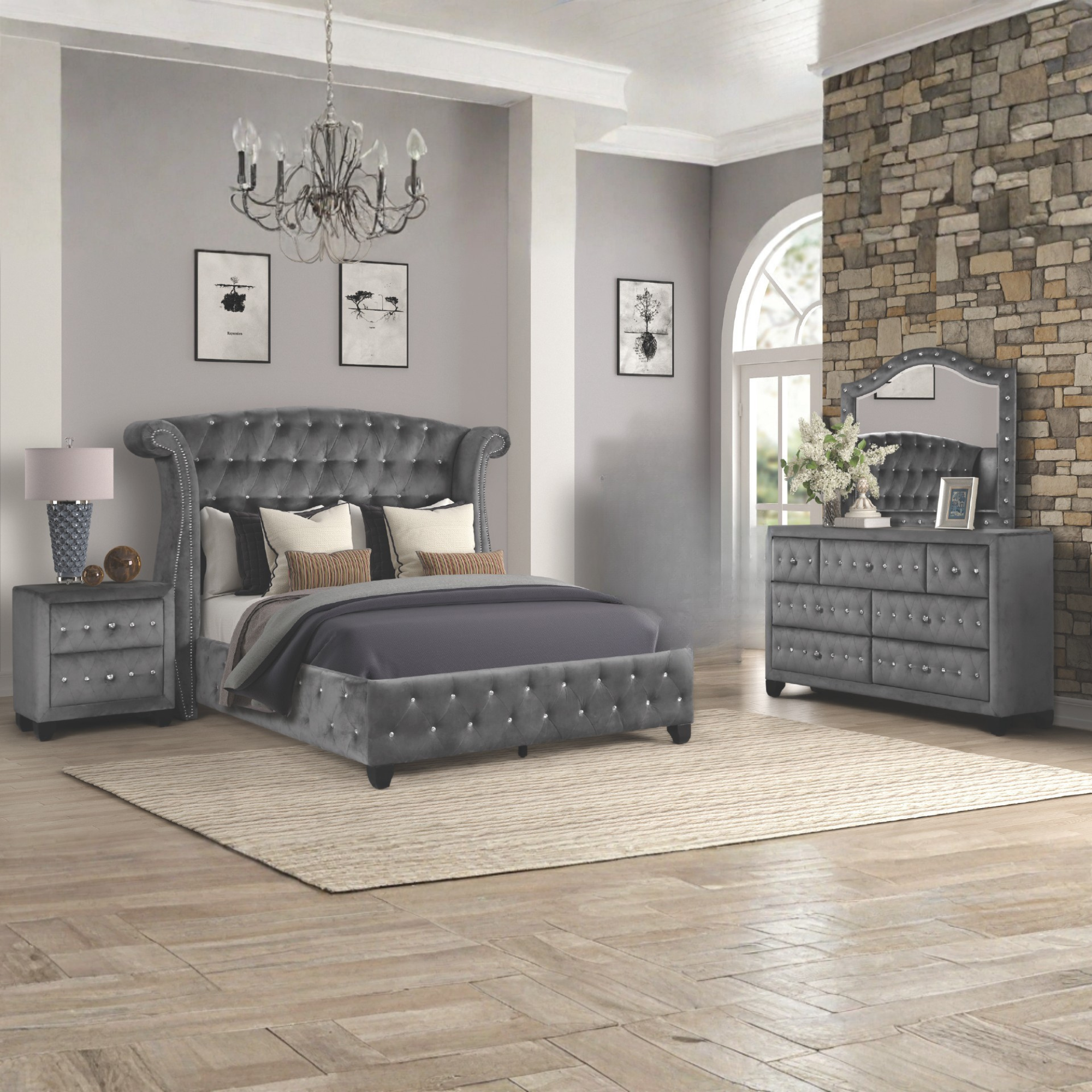 Magnova – Ensemble de chambre king gris capitonné velours