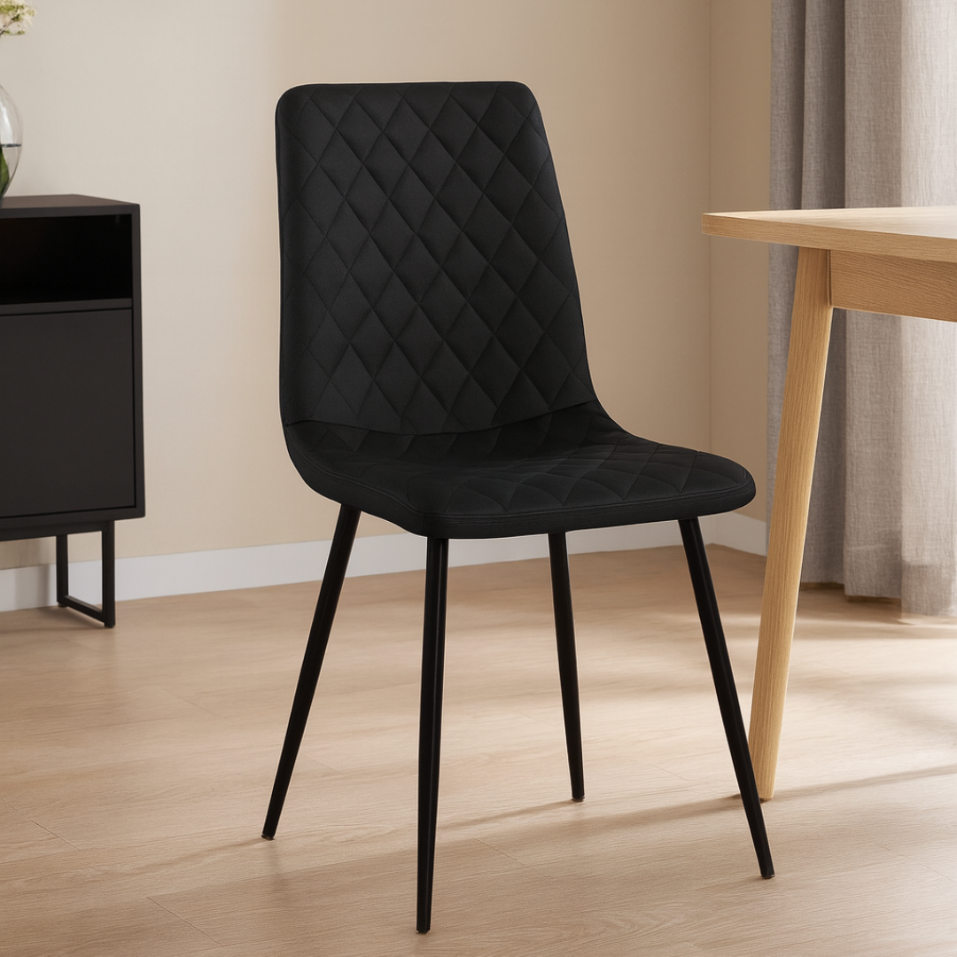 Ensemble 6 chaises salle à manger Quiltora similicuir noir matelassé pieds acier – Bonito Montréal