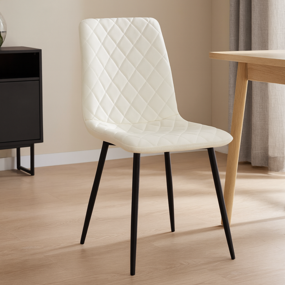 Ensemble 6 chaises salle à manger Quiltora faux cuir blanc capitonnées pieds acier noir Montréal