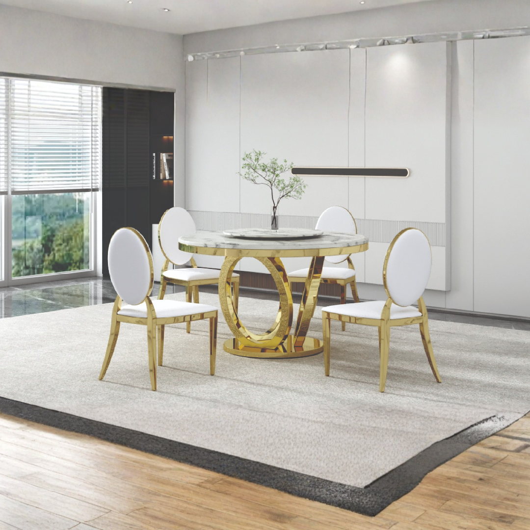 Valenza – Dining Table – Marble / Gold Base with Lazy Susan