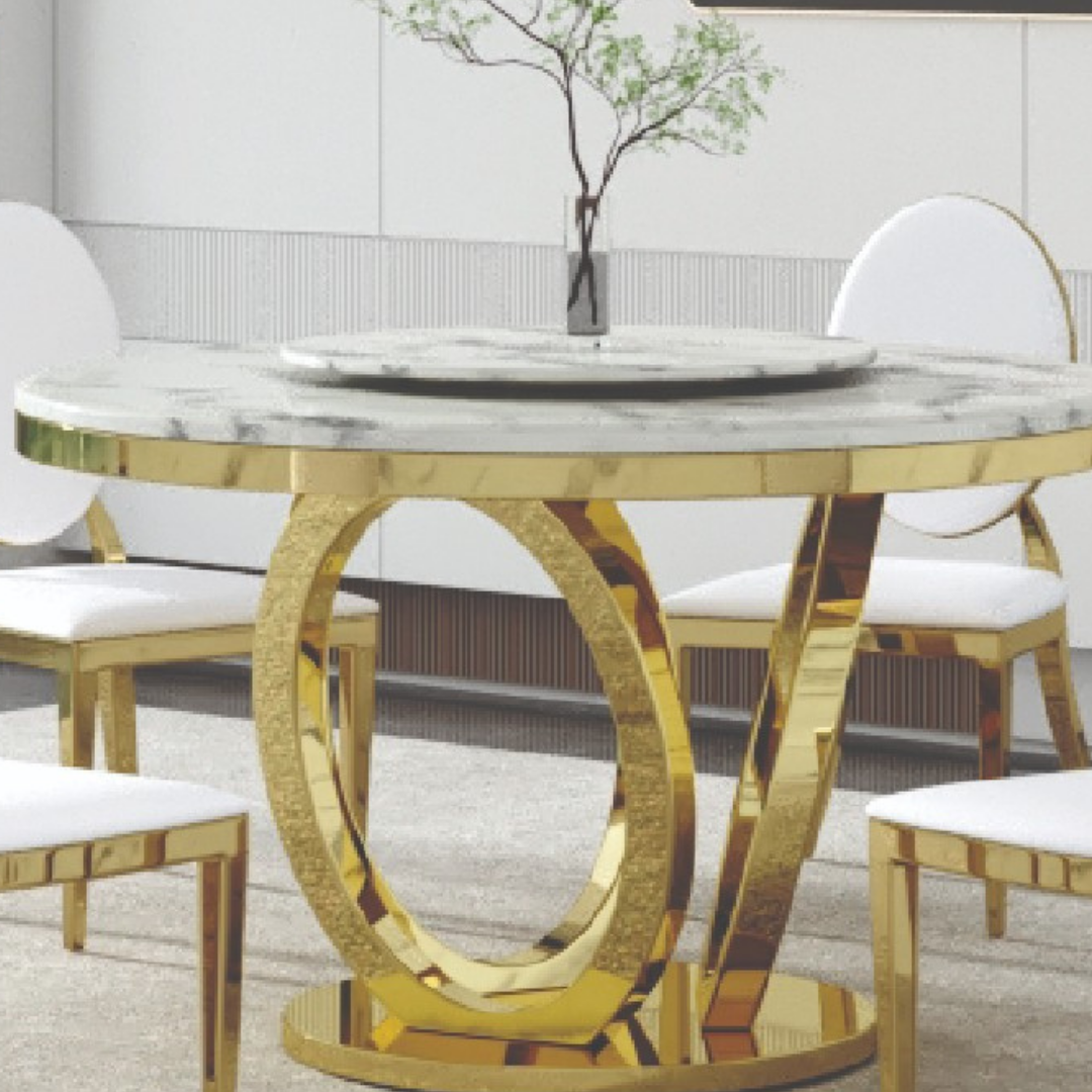 Valenza – Table de salle à manger – Piètement en marbre et or avec plateau tournant