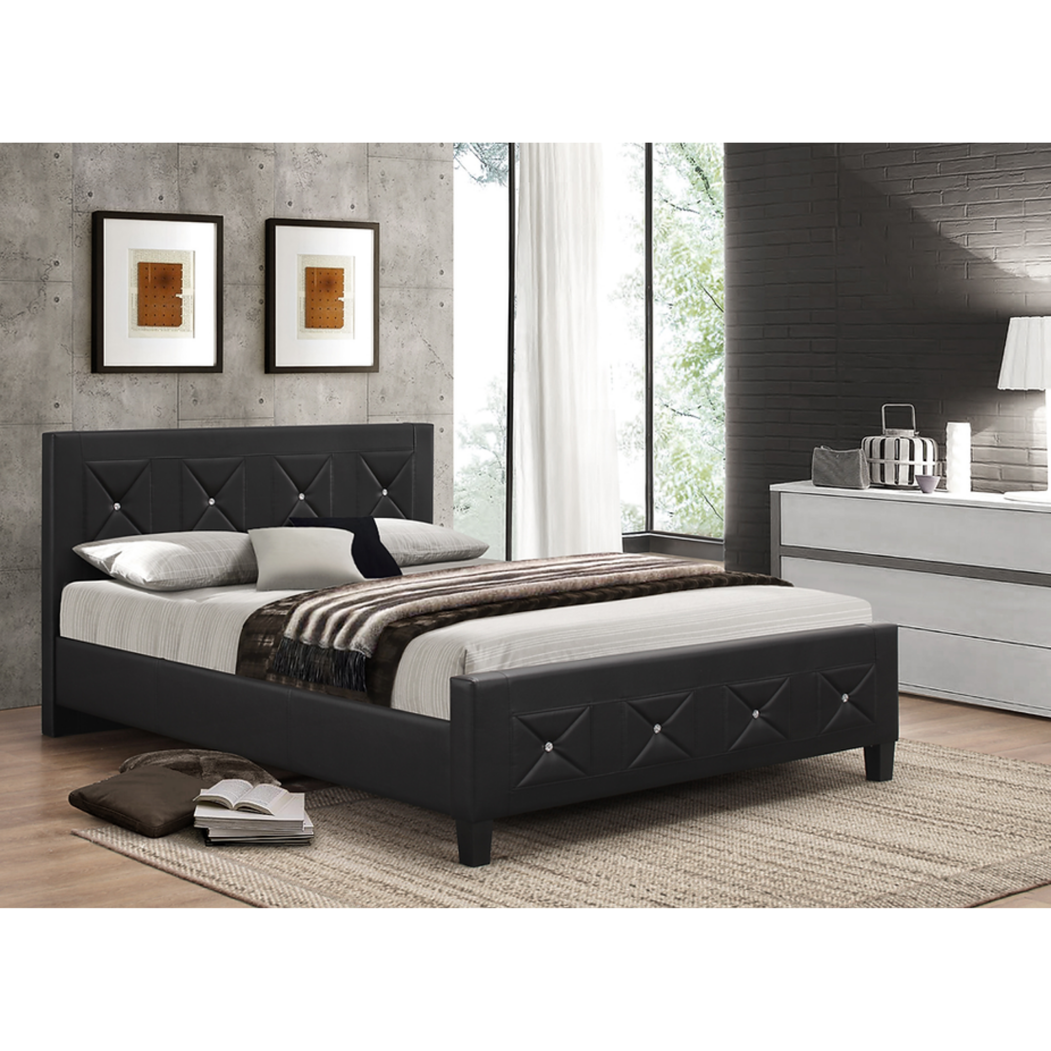 Queen Bed - Black PU Bed with Jewels 177