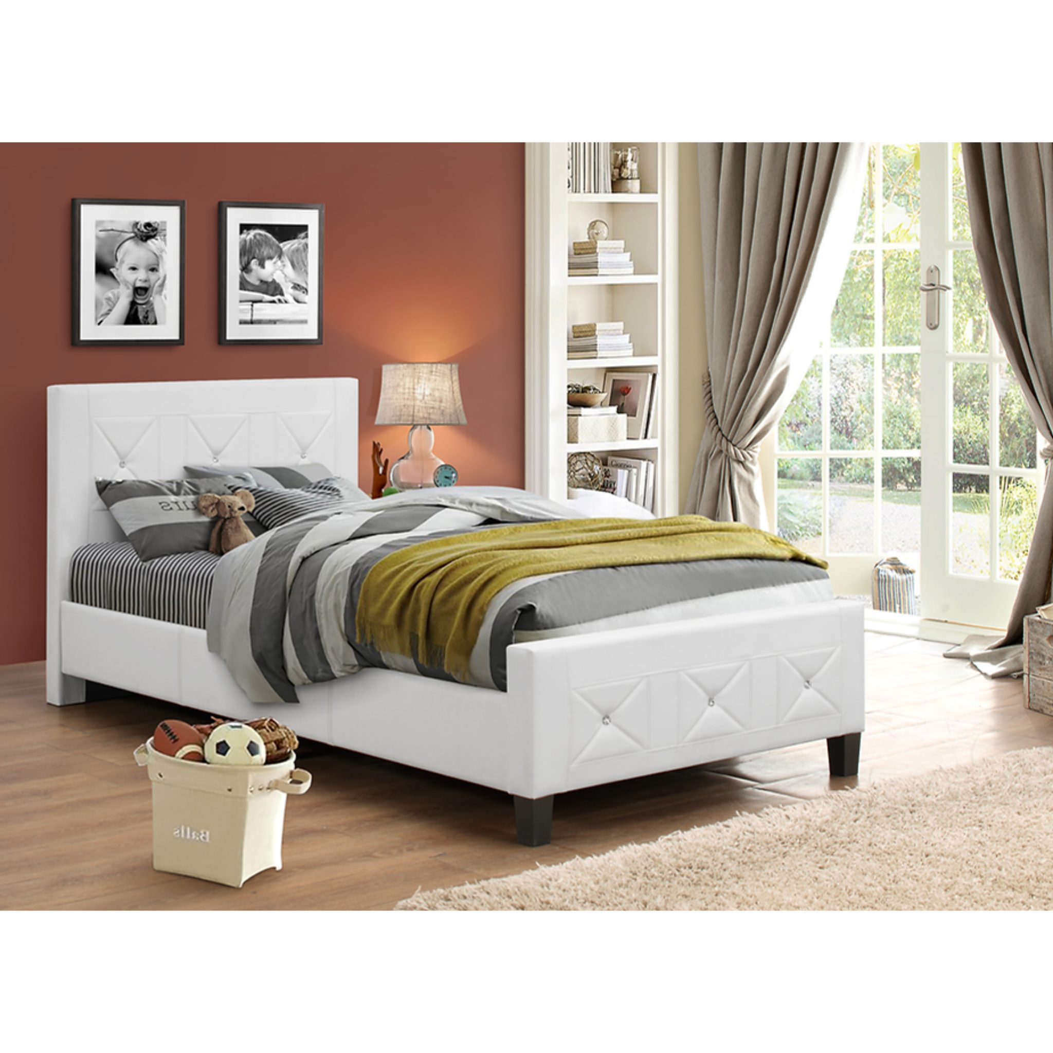 Twin Bed - White PU Bed with Jewels 178