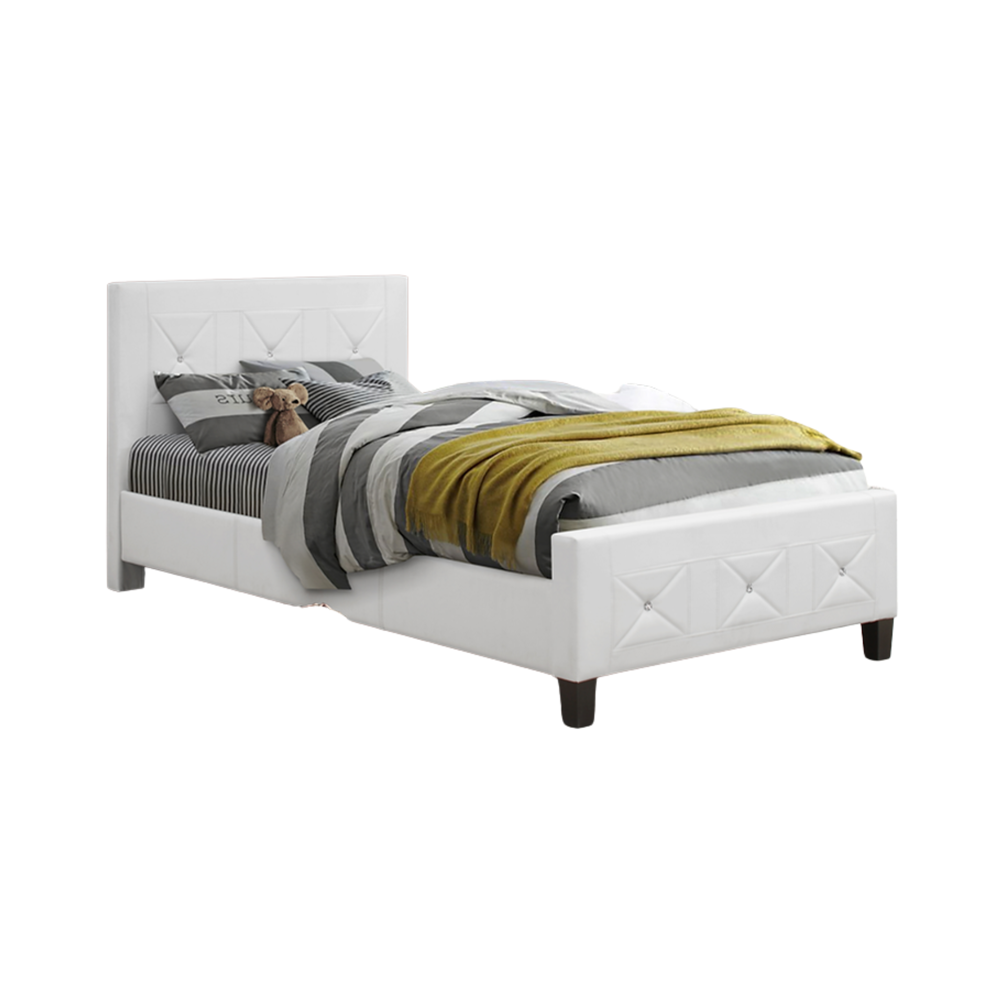Twin Bed - White PU Bed with Jewels 178