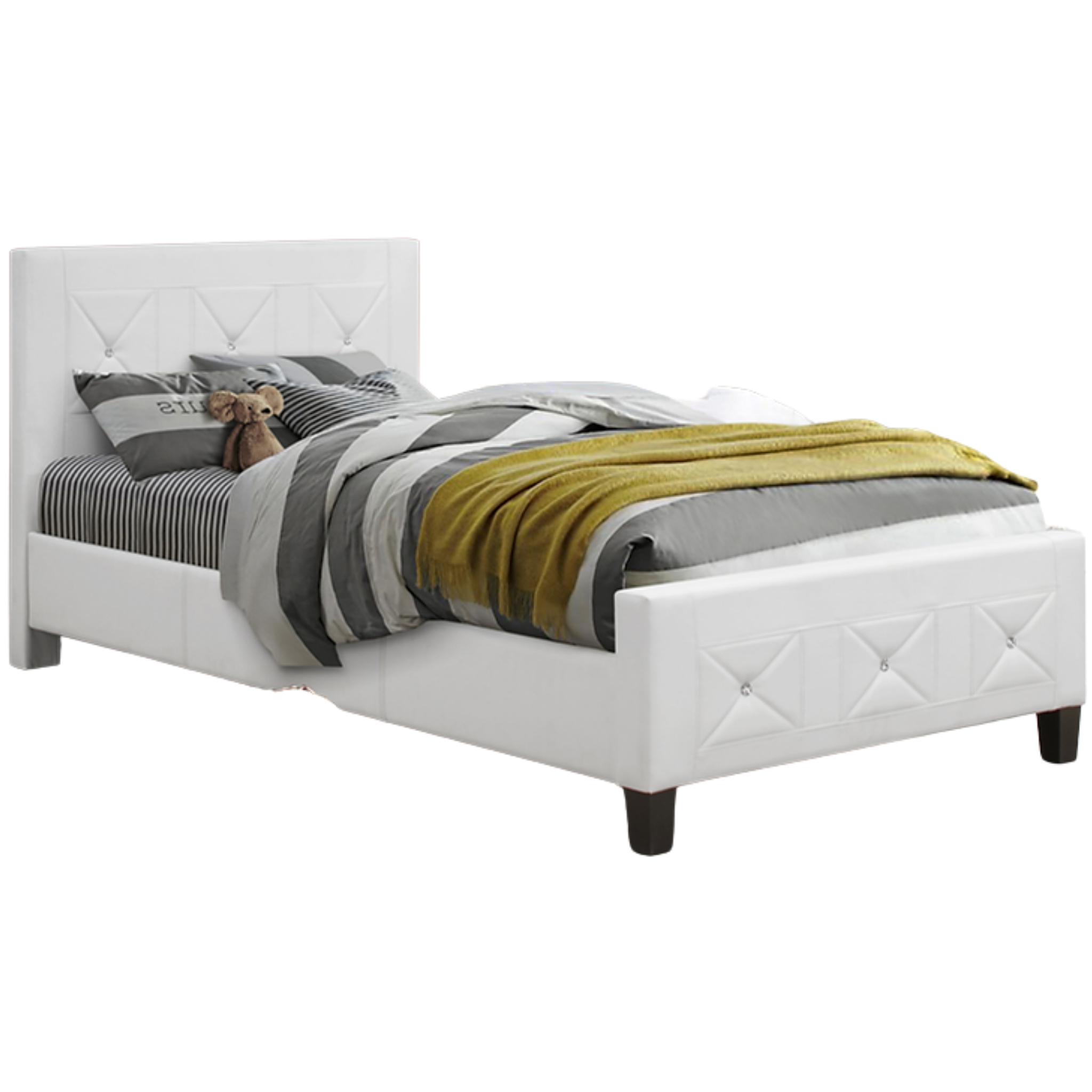 Queen Bed - White PU Bed with Jewels 178