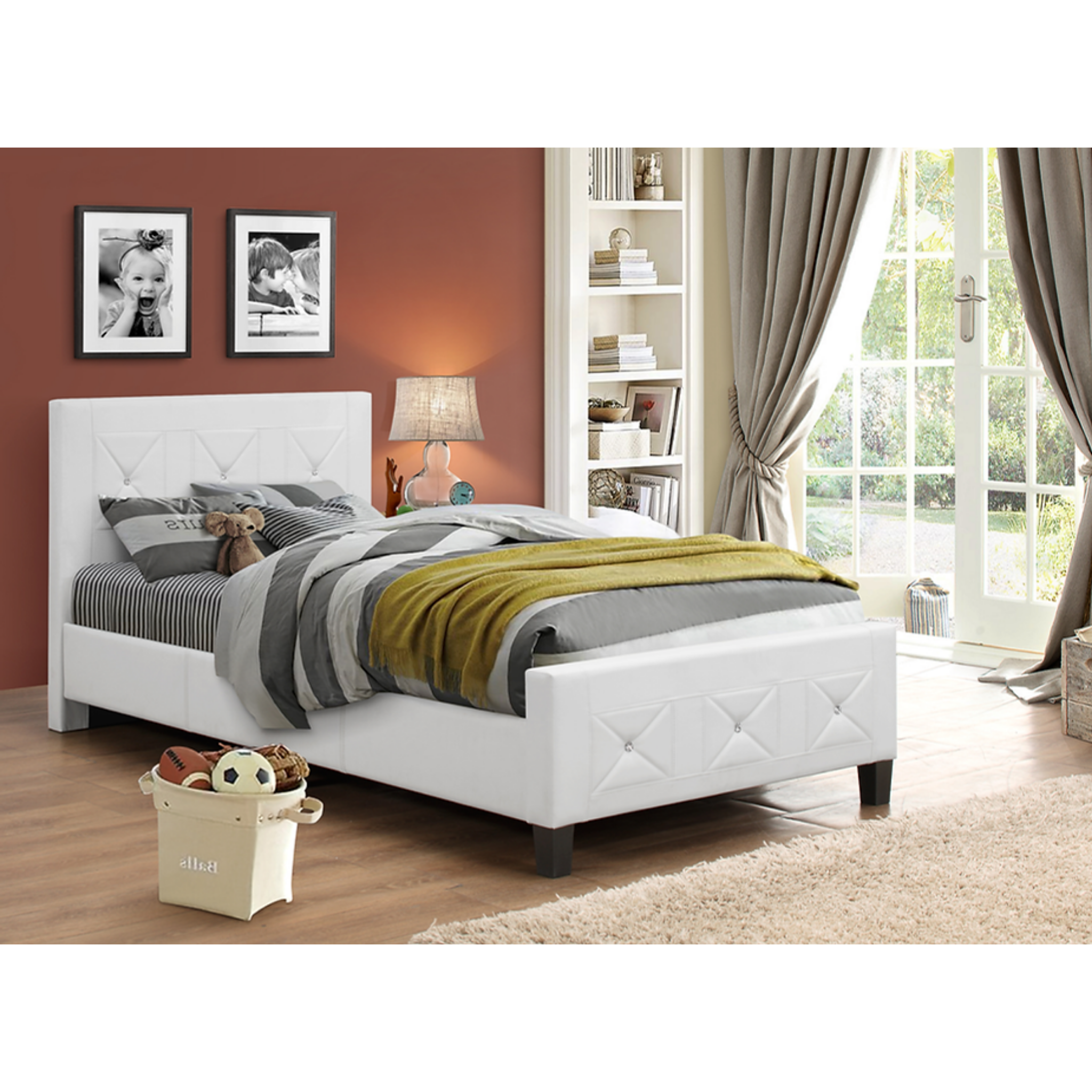 Queen Bed - White PU Bed with Jewels 178