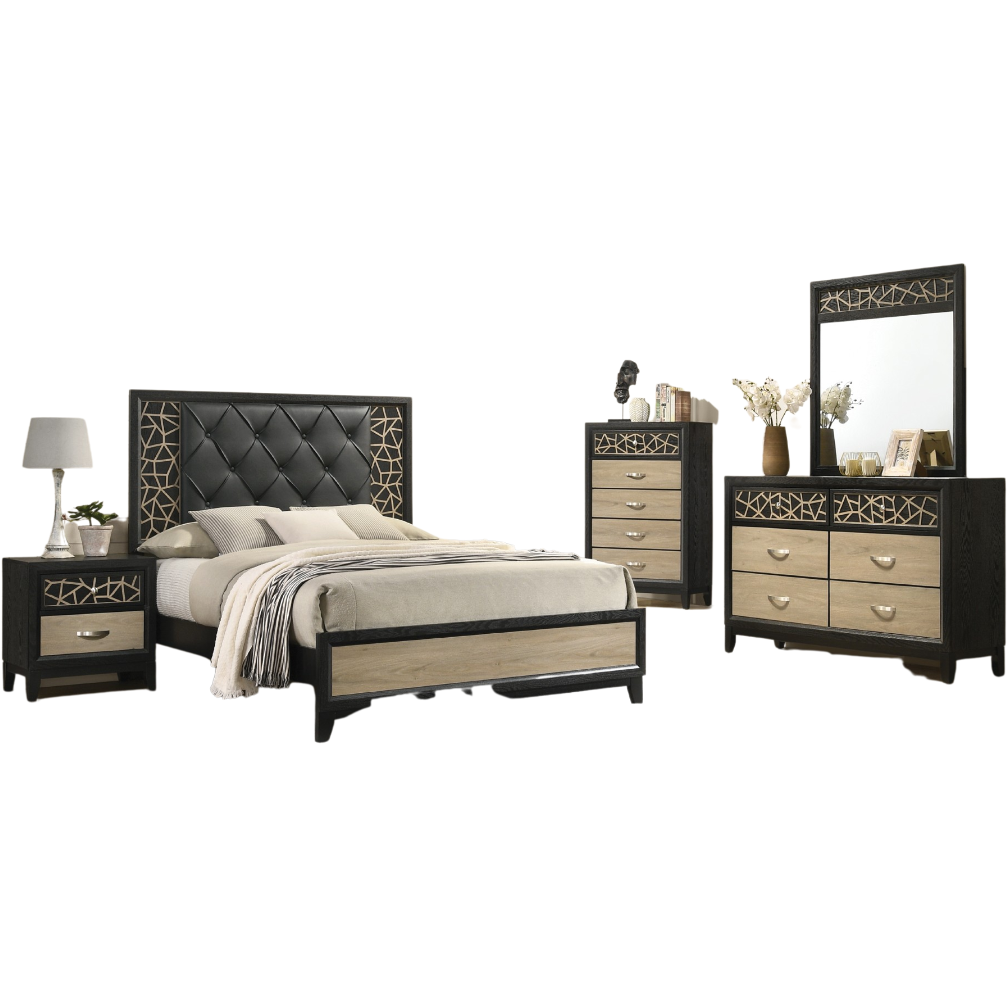 Queen Bedroom Set - Samantha with Tufted Headboard & Exotic Wood Accents