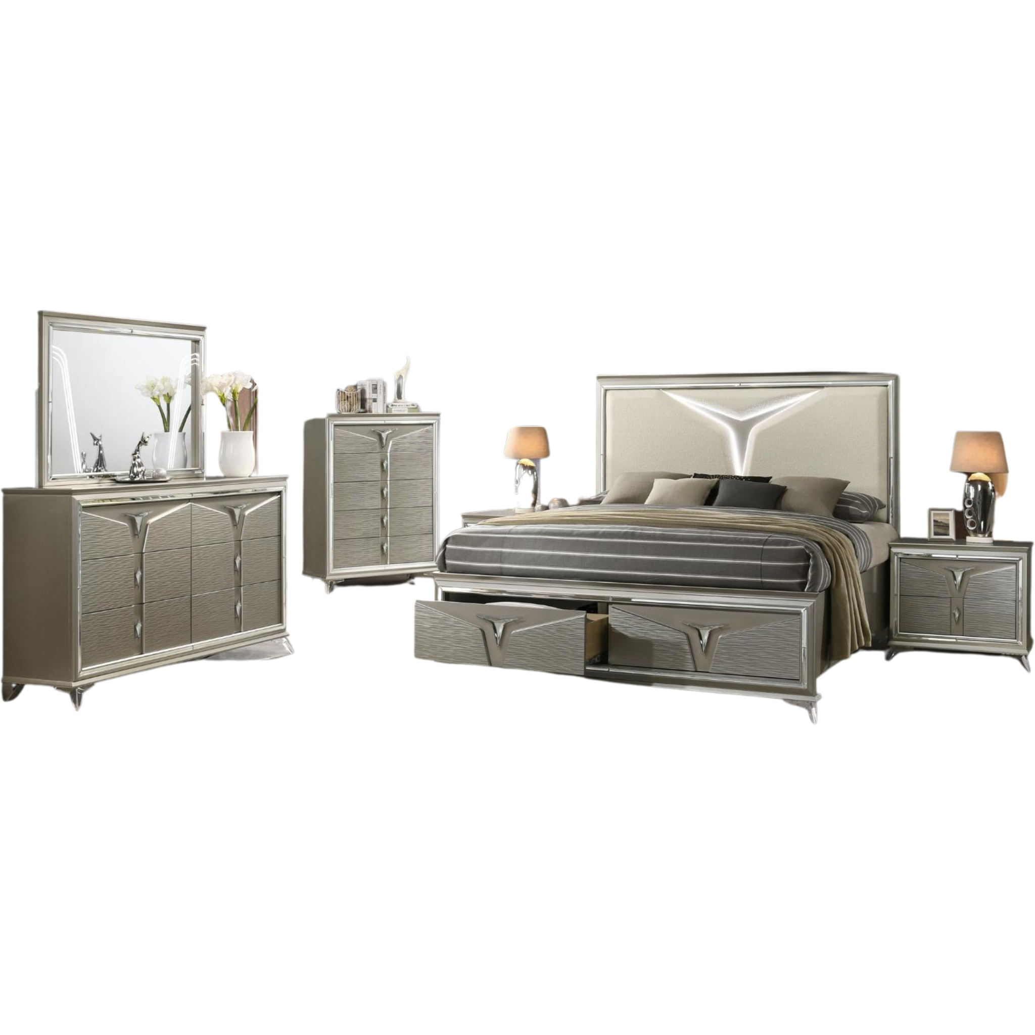 King Bedroom Set - Samantha Olive Silver 5-Piece Bedroom Set with LED Headboard
